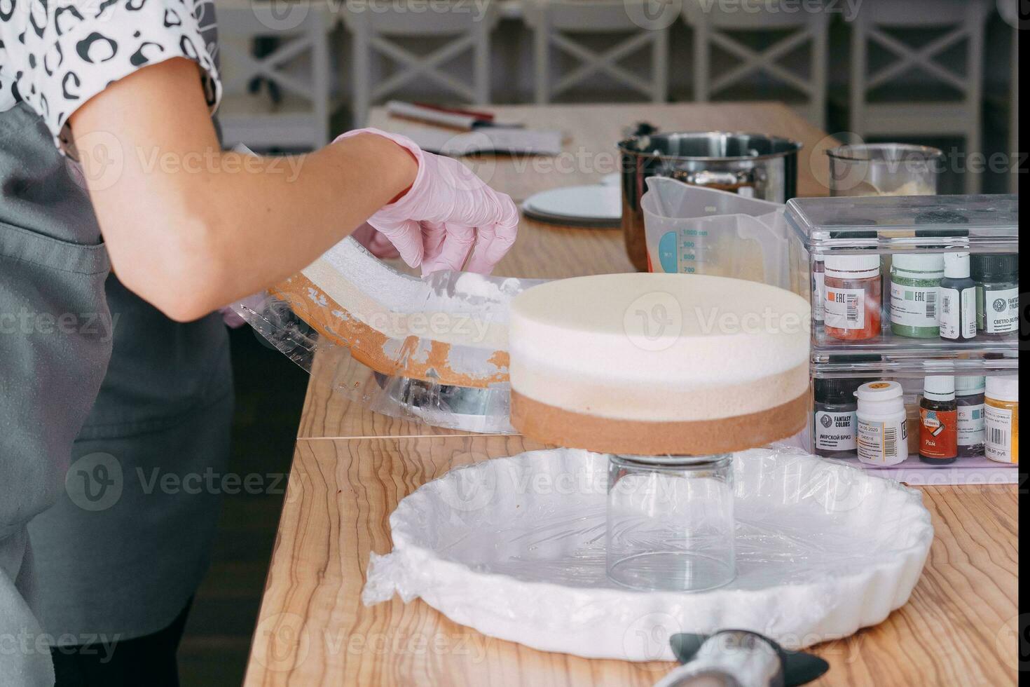 Cooking mousse cake at a cooking class. Cooking at home, home-made food. Confectioner photo