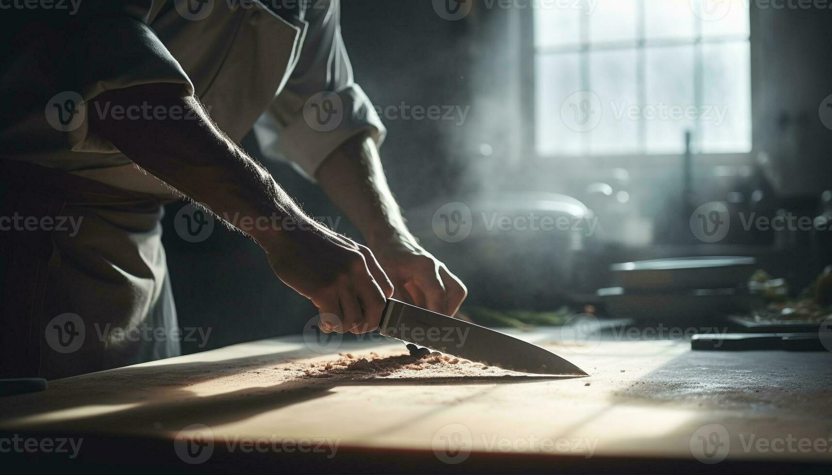 Man in apron prepares food with knife generated by AI photo