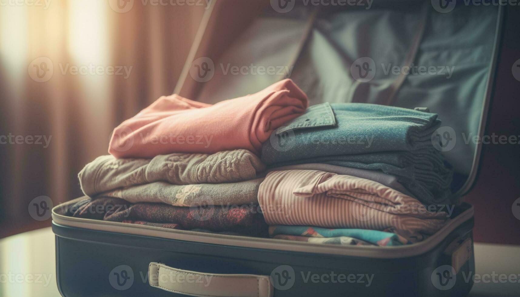 Stack of folded clothing on comfortable bed generated by AI photo