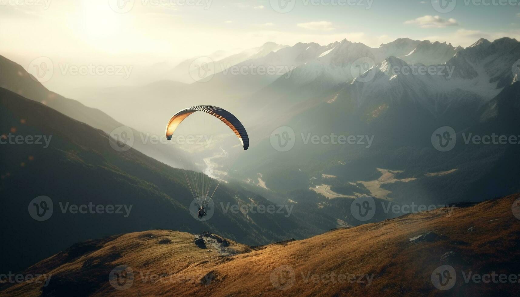 Men flying high up in mountain peak adventure generated by AI photo