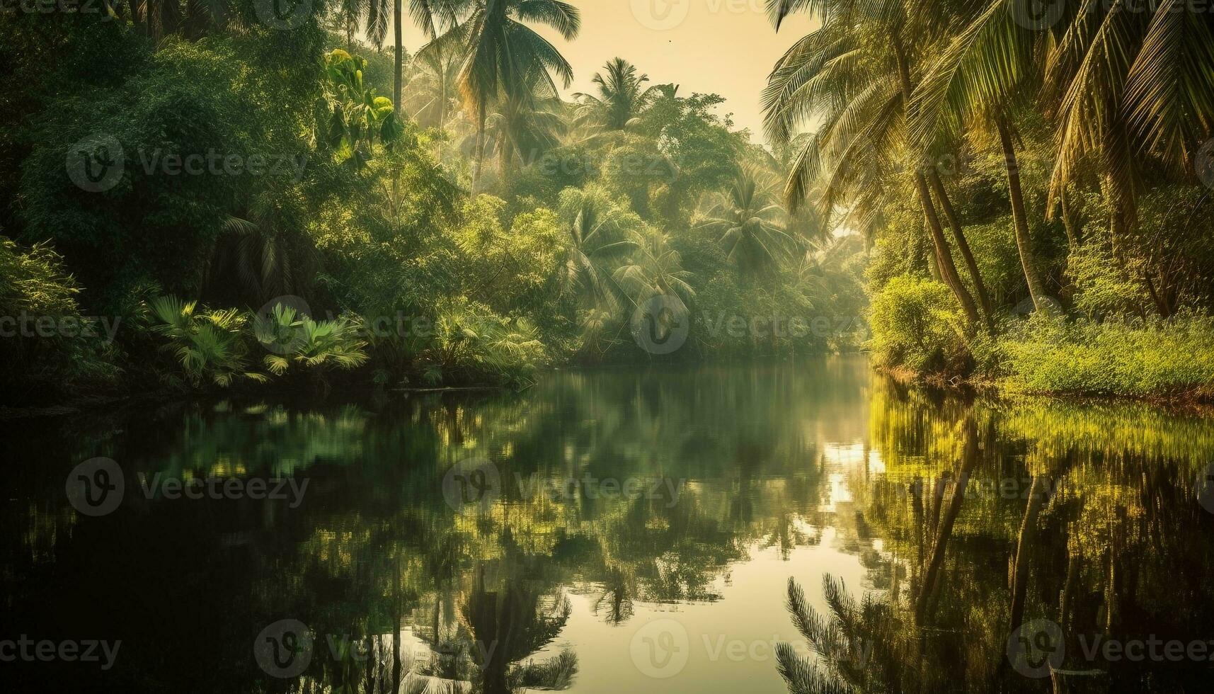 tranquilo escena de palma arboles reflejando en estanque generado por ai foto