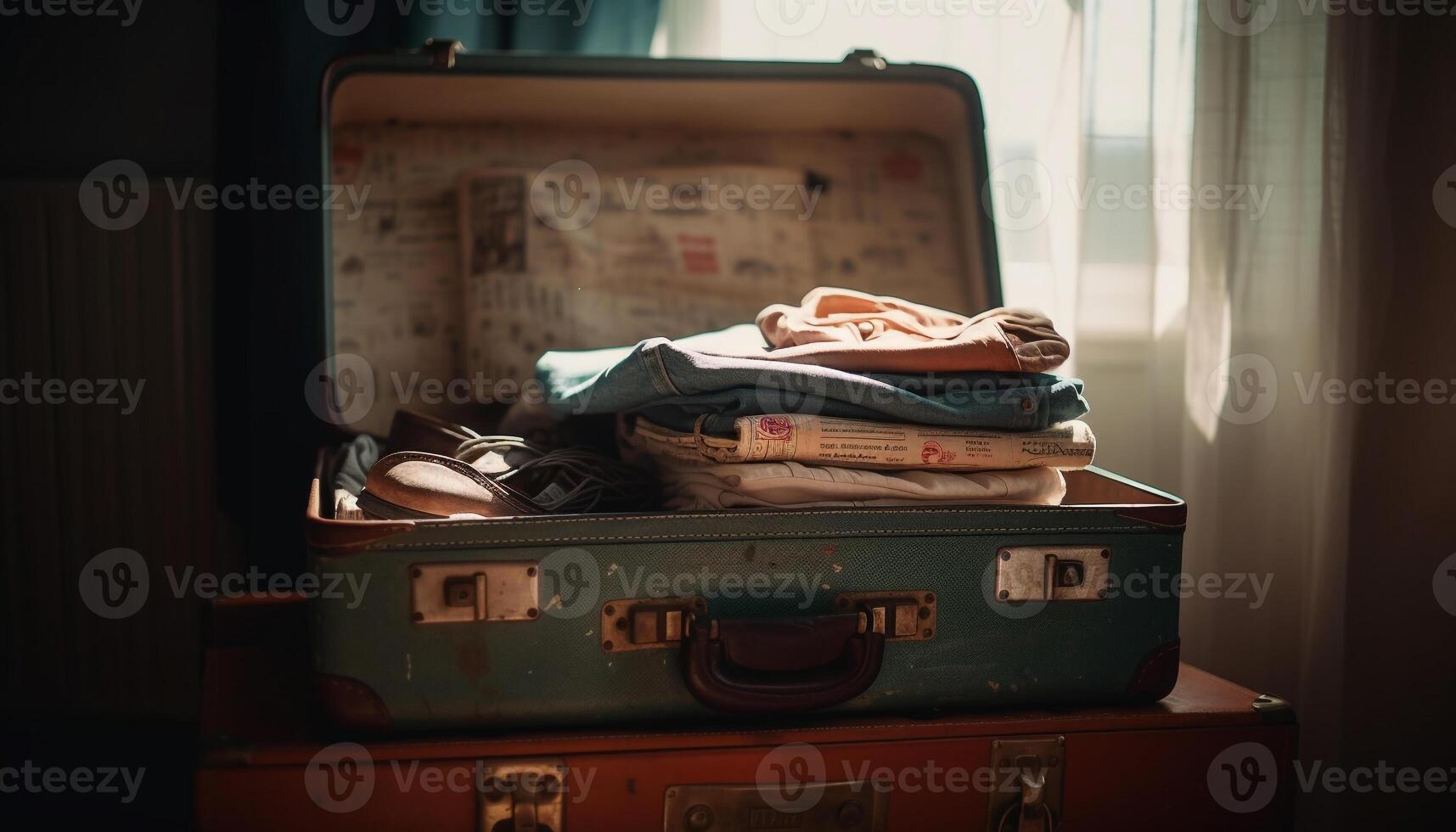 Antique leather suitcase, messy clothing, abandoned bedroom generated by AI photo