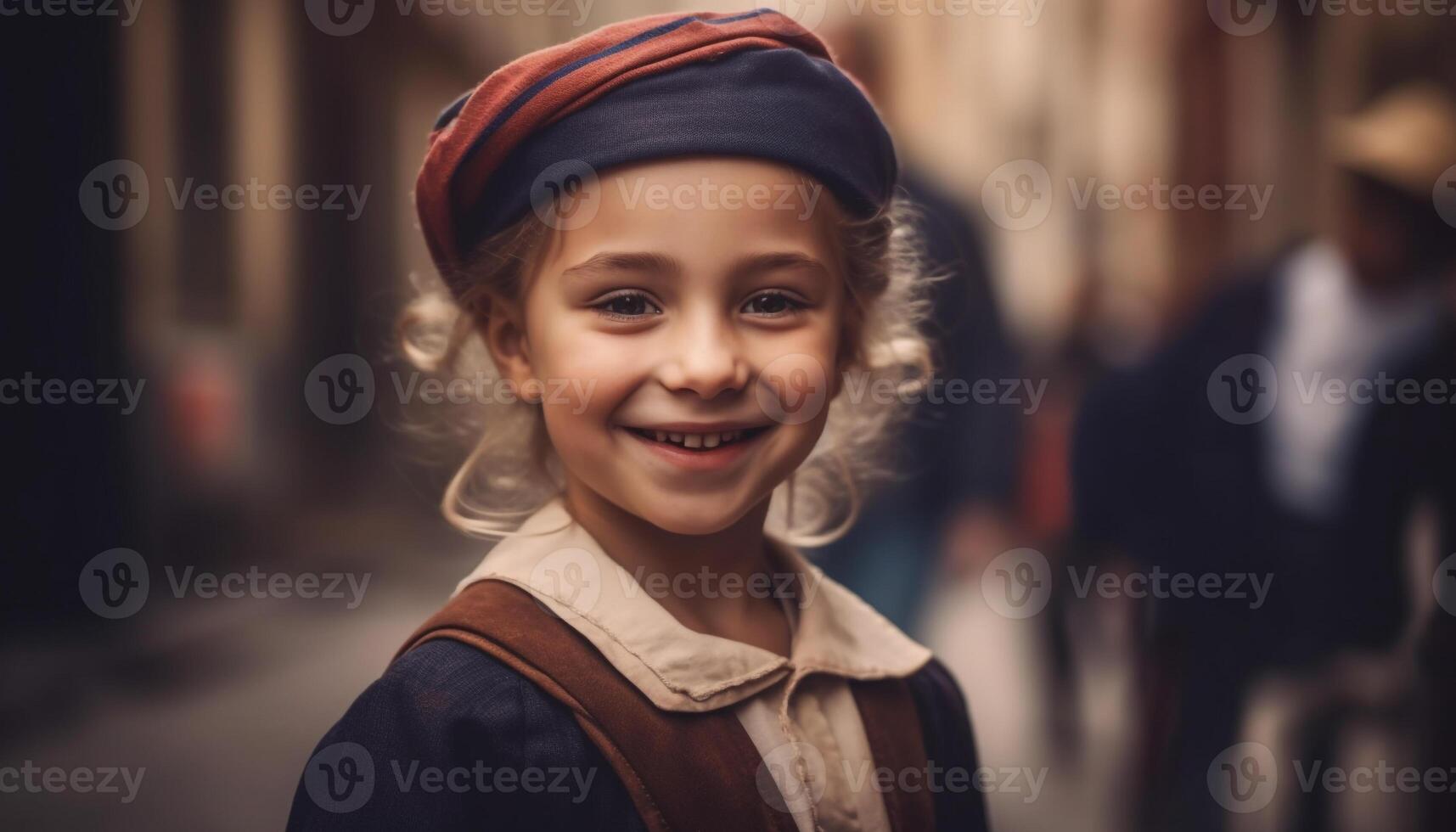 Cute child with toothy smile, outdoors in winter generated by AI photo