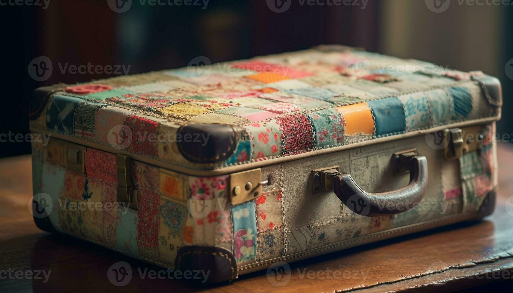 Antique leather suitcase handle, focus on foreground generated by AI photo