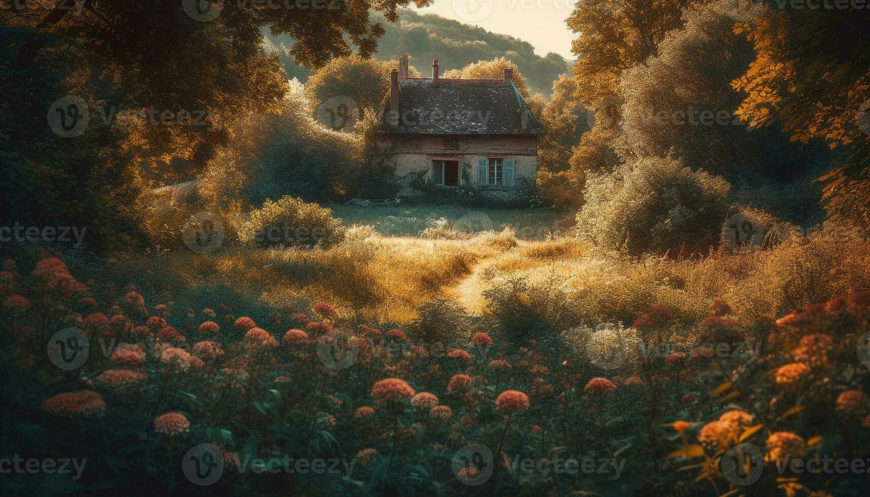 Rural scene with abandoned old farm hut generated by AI photo