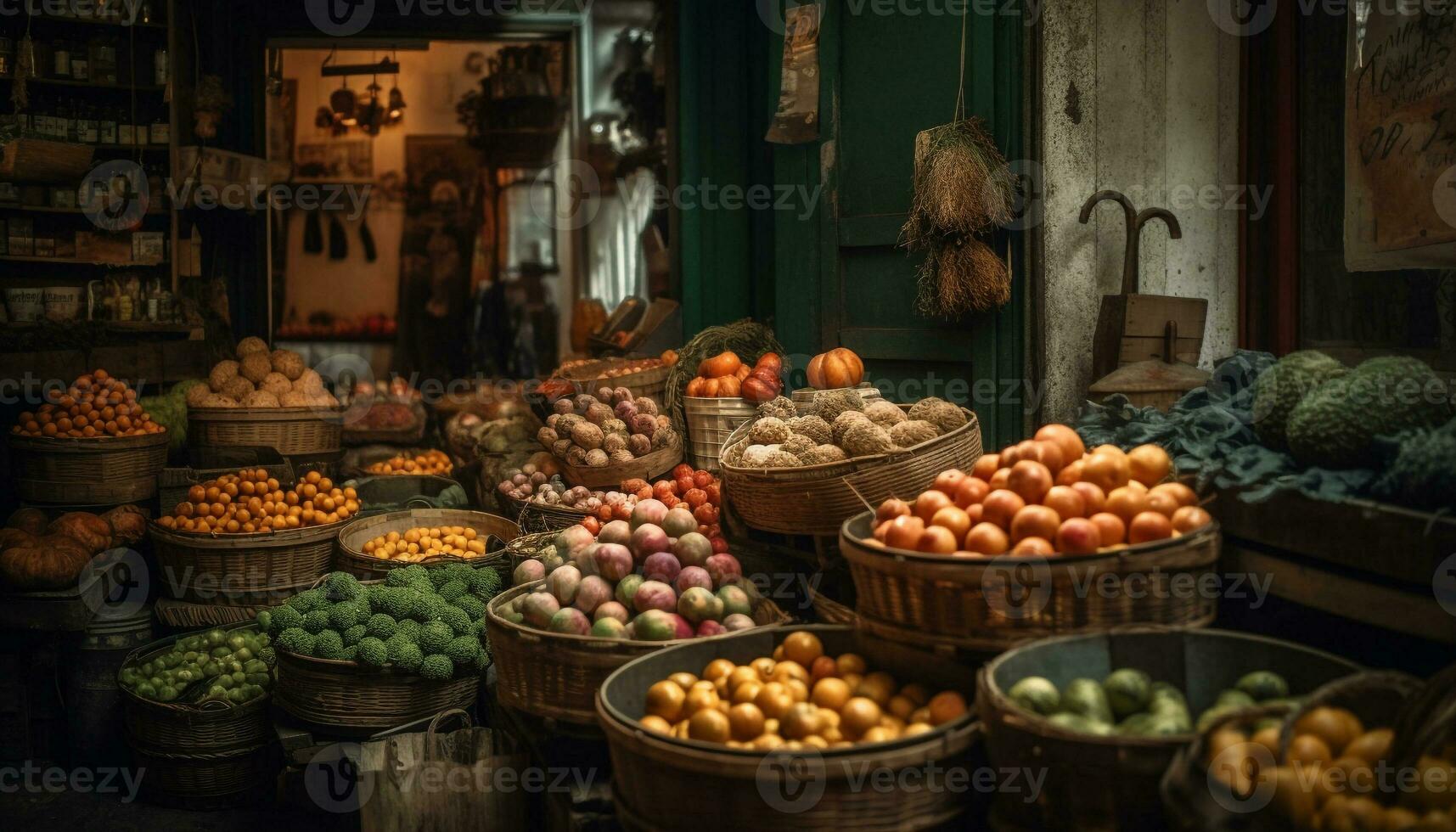 Abundance of fresh, ripe, organic fruits and vegetables generated by AI photo