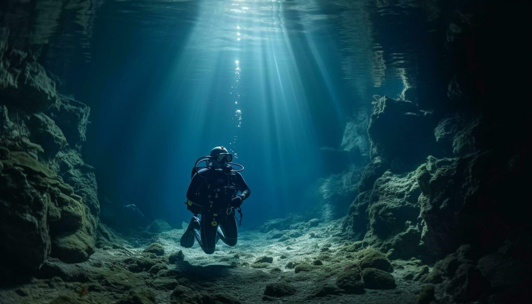Men scuba diving in blue water, exploring deep sea reef generated by AI