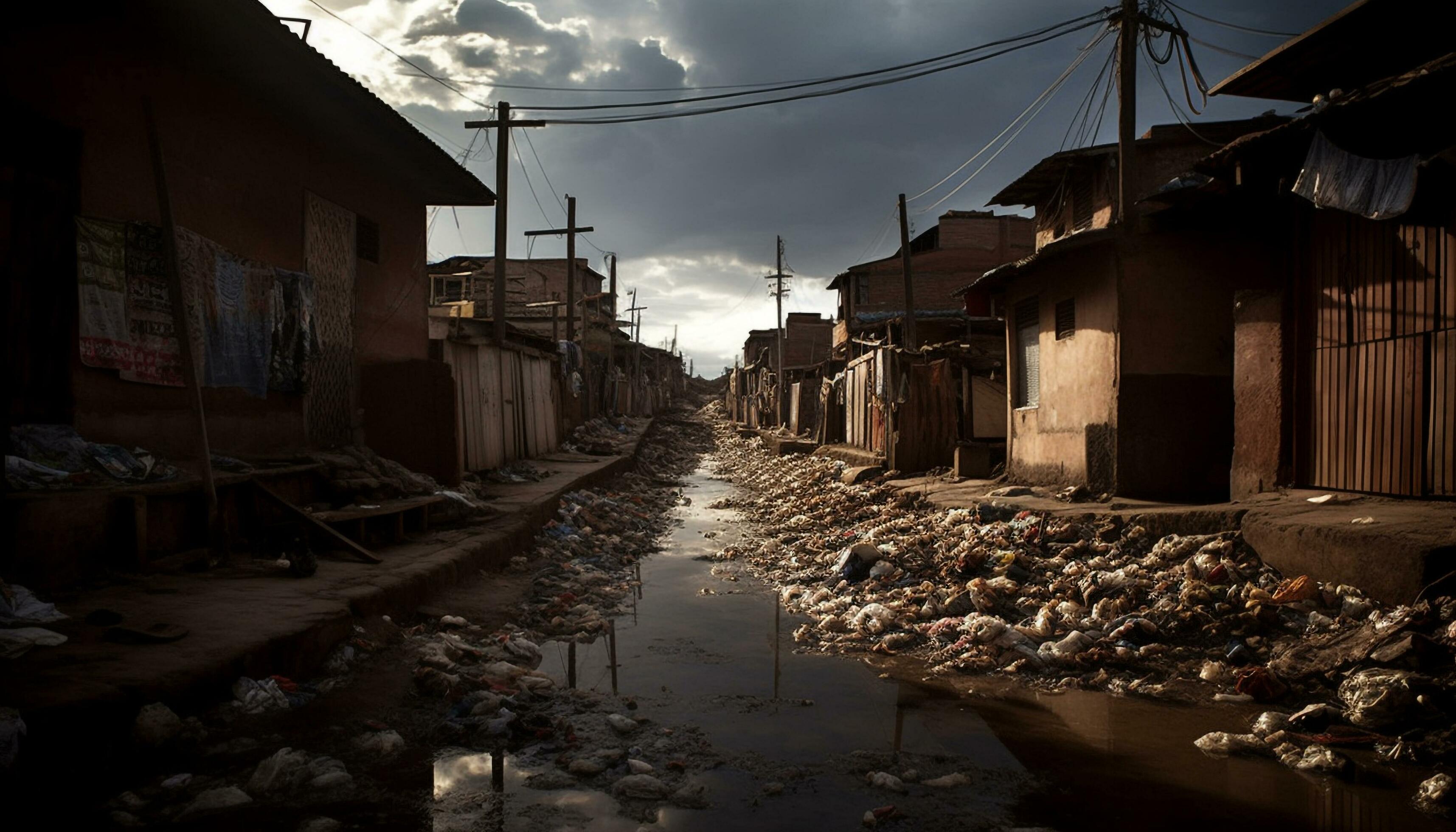 Abandoned slum shack in ruined cityscape polluted and unhygienic Abandoned slum shack in ruined cityscape polluted and unhygienic