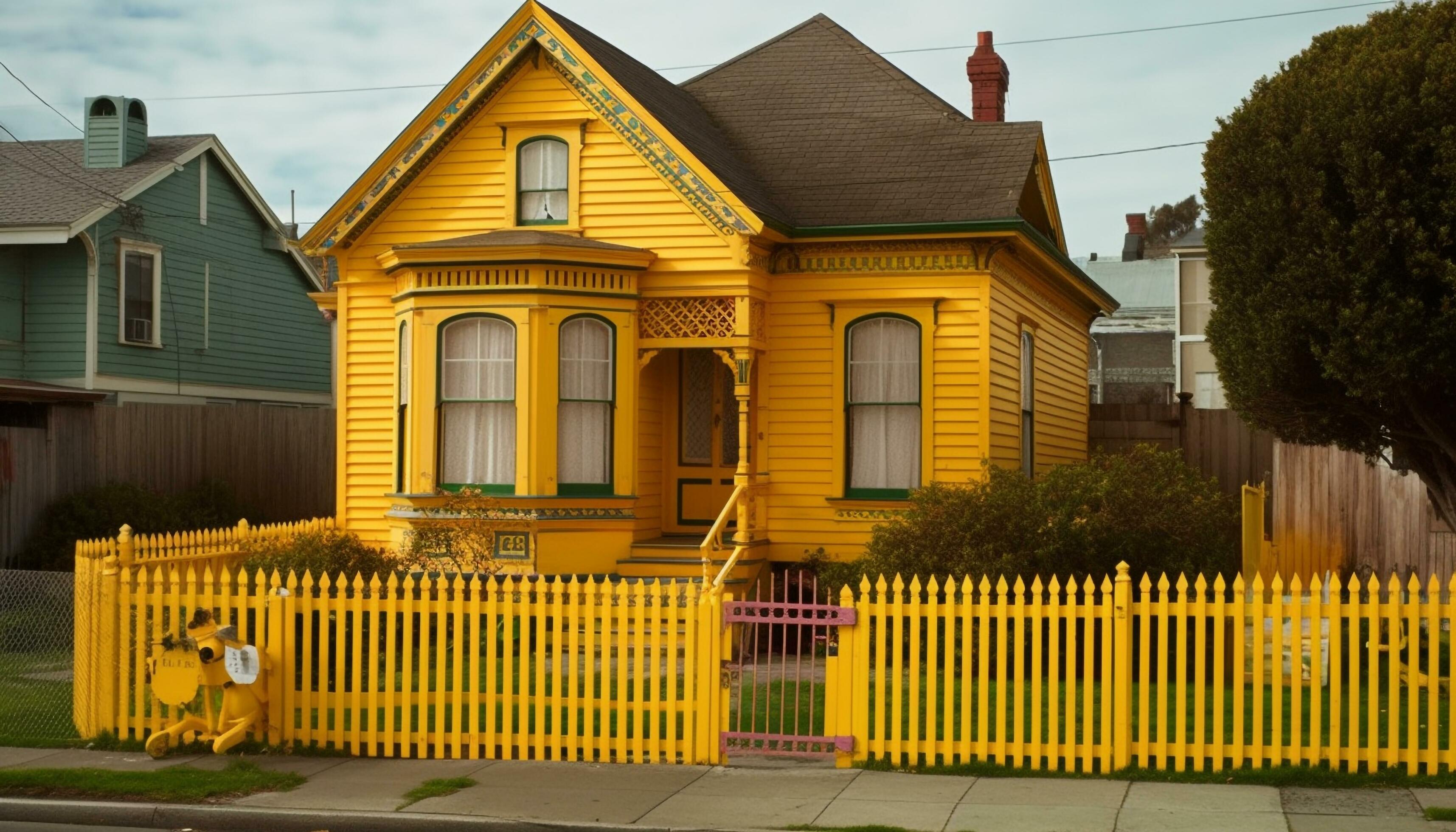 Old fashioned cottage with vibrant yellow door and blue window