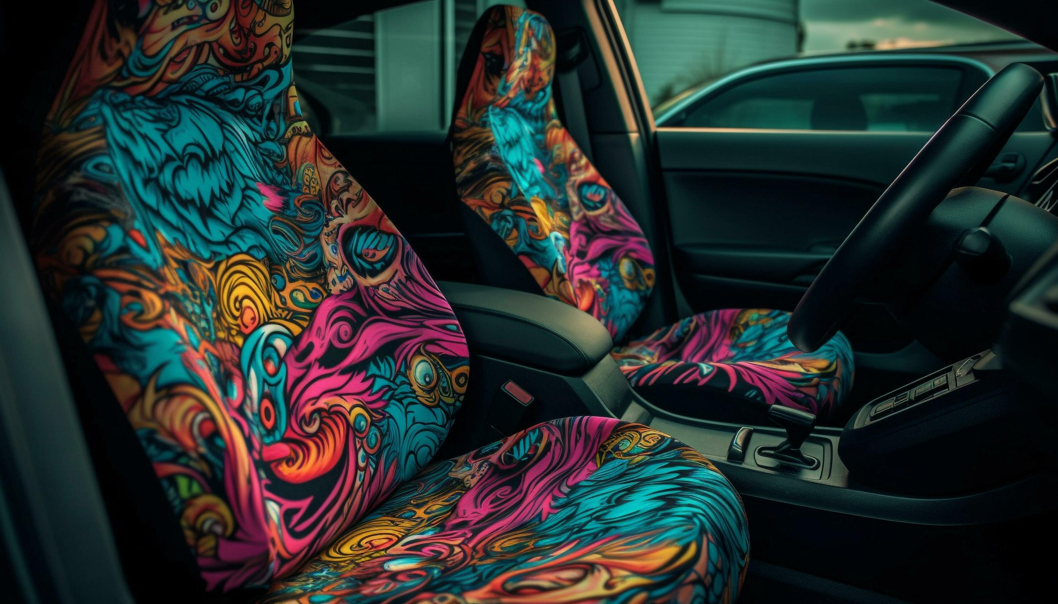 Modern luxury car seat design with vibrant multi colored pattern