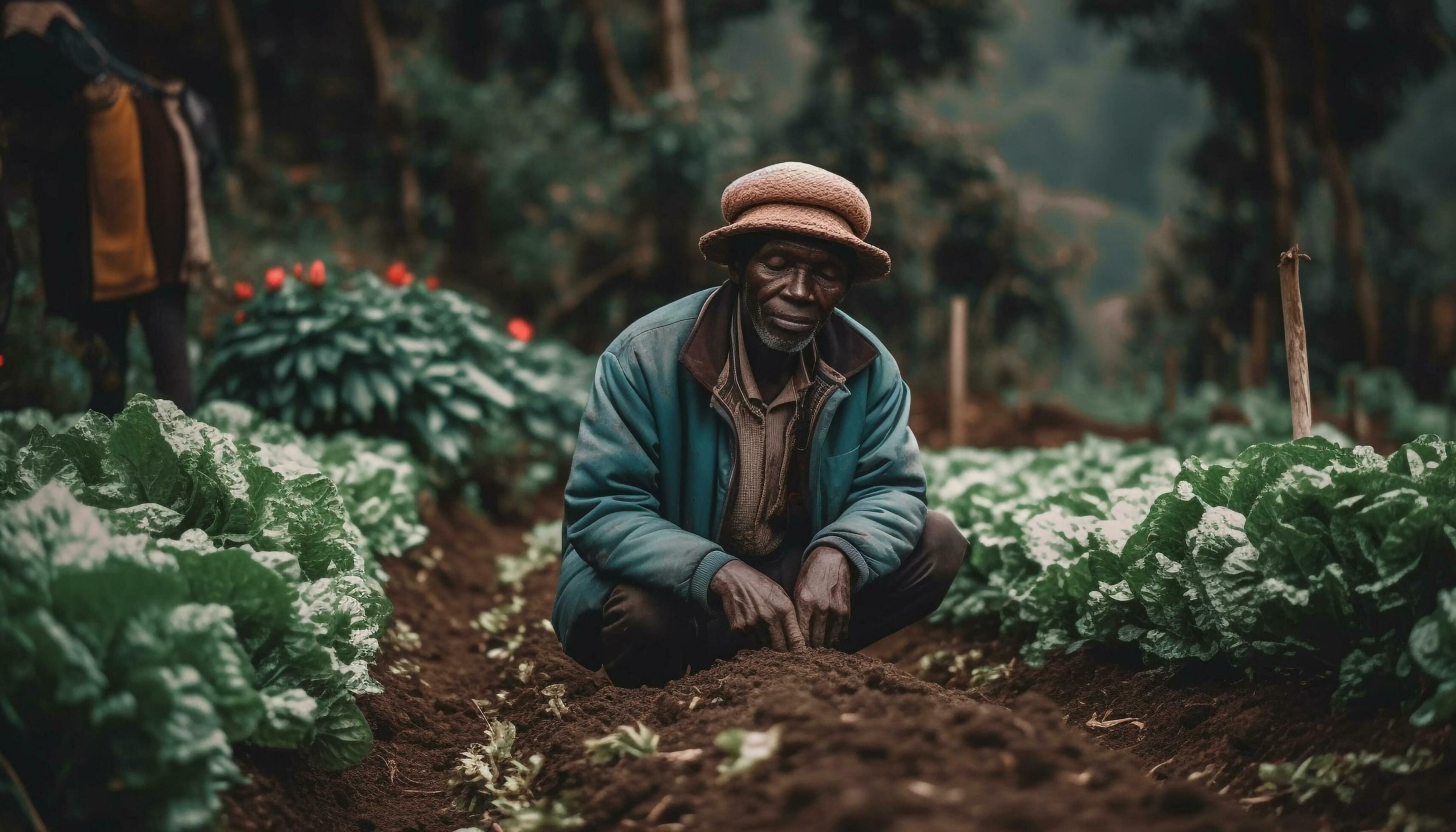 One man, a farmer, working outdoors in a rural scene generated by AI