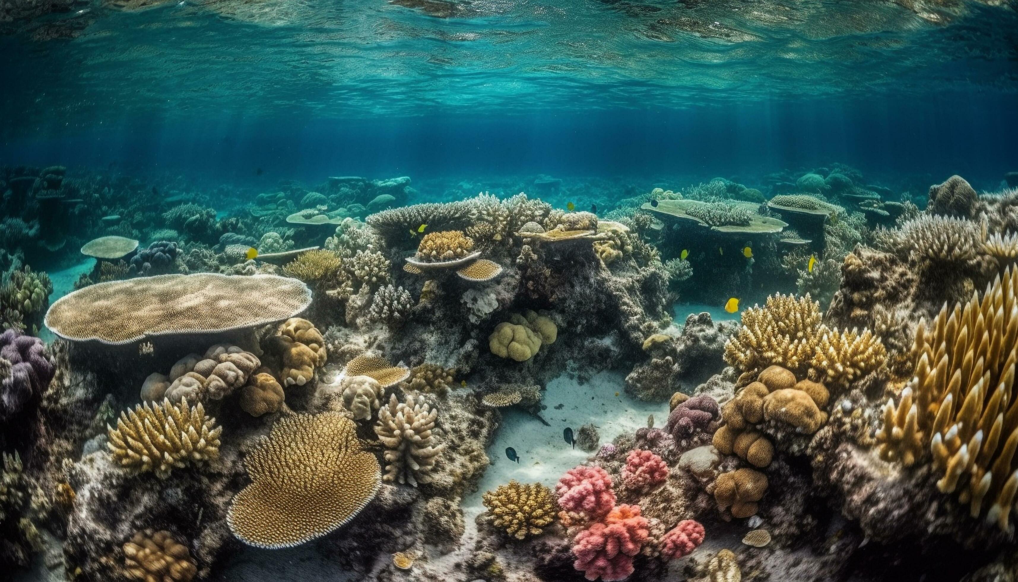 Colorful underwater landscape teeming with aquatic animals and coral ...