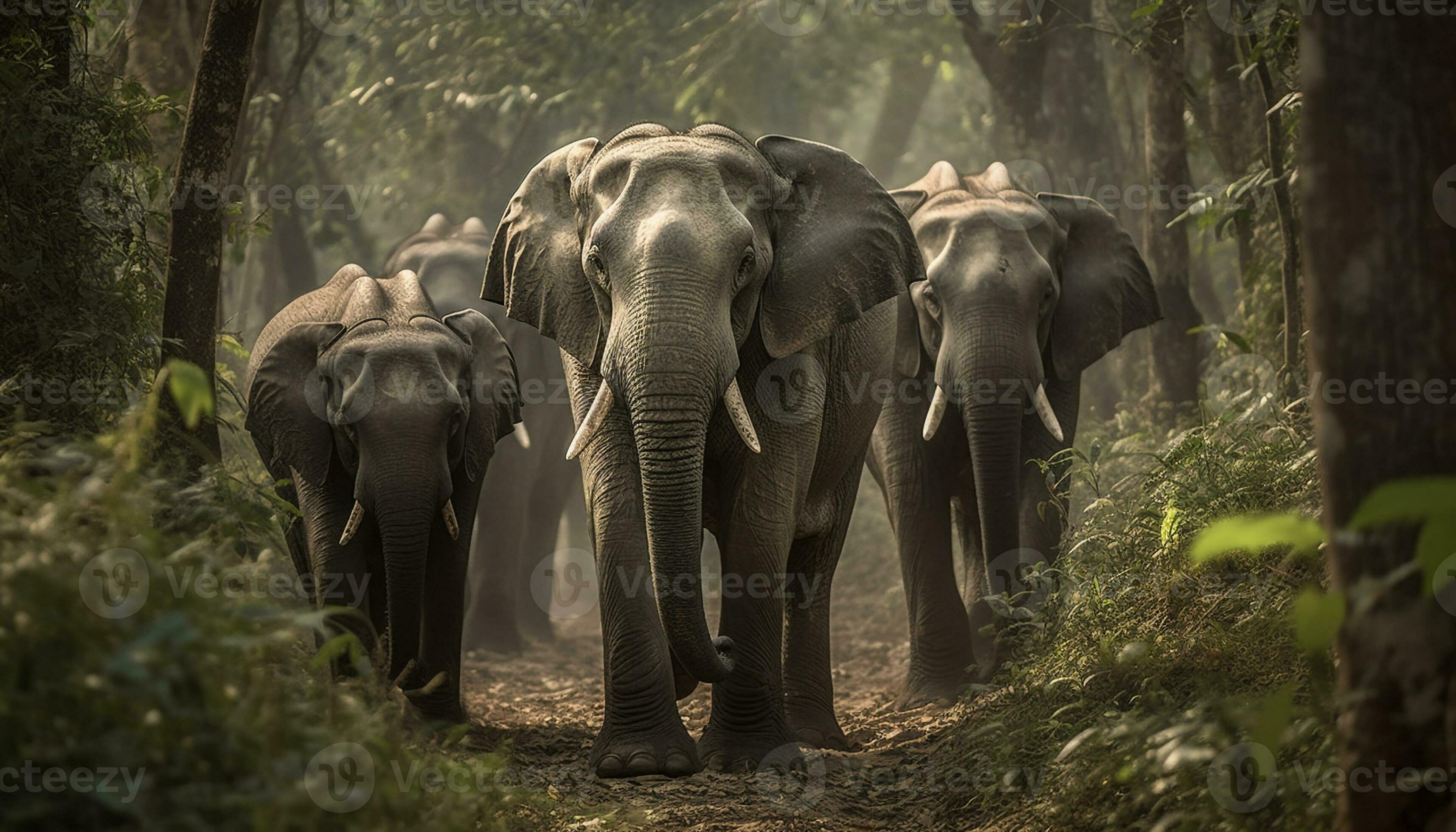 Large herd of African elephants walking in tropical rainforest