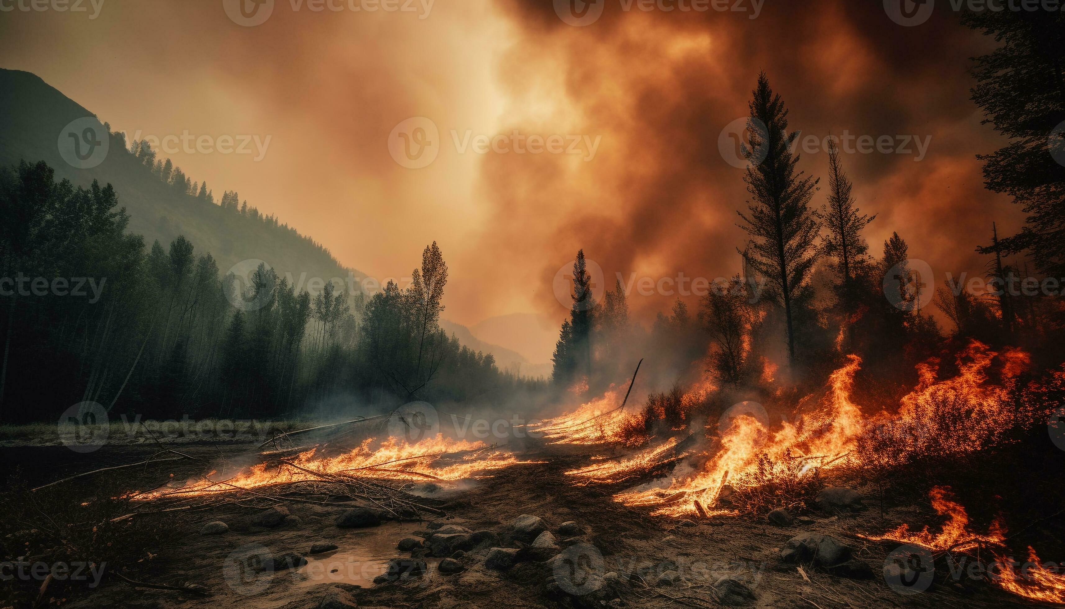 Burning forest fire destroys natural landscape, leaving destruction and