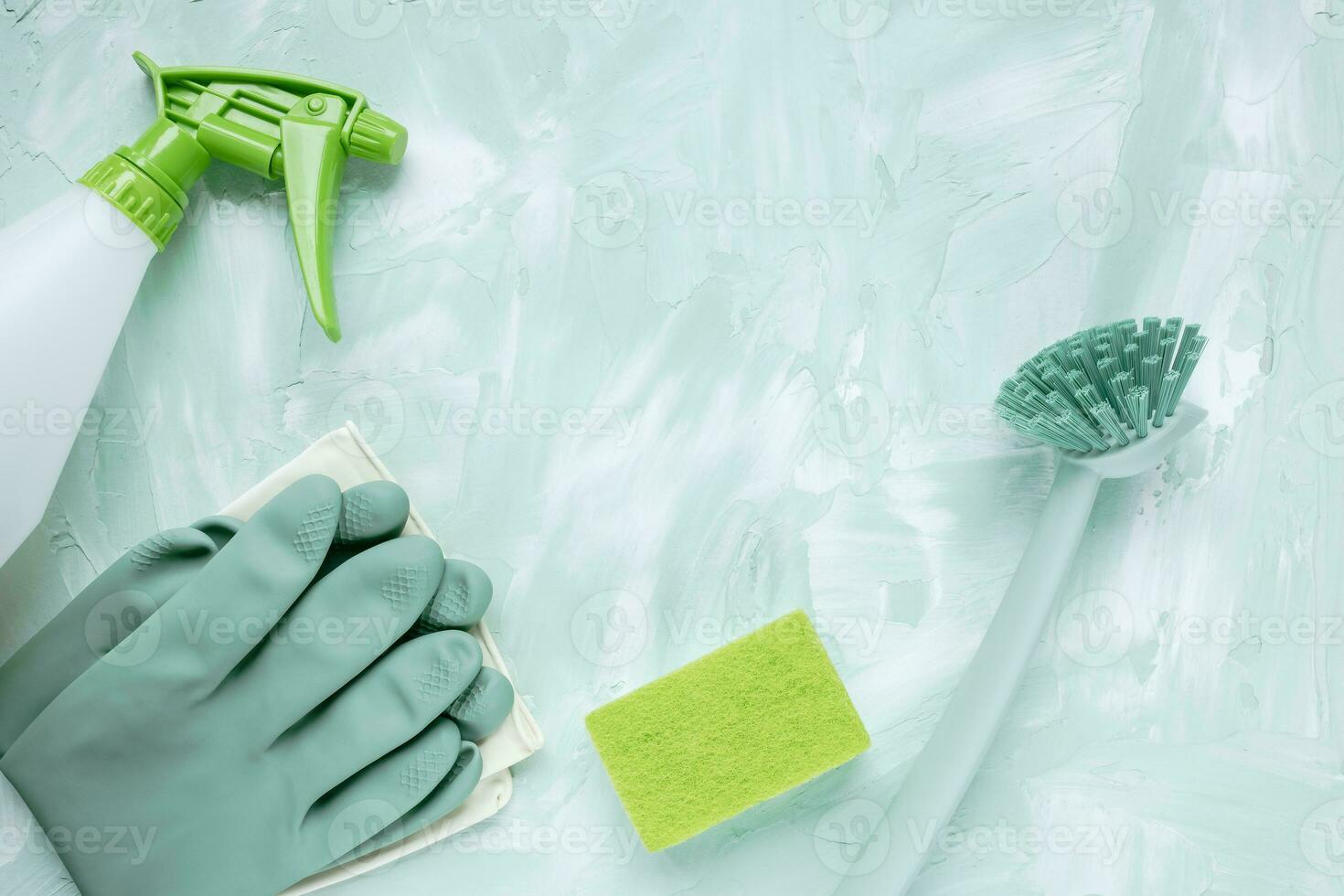 Dishwashing brush, gloves, sponge and spray bottle photo