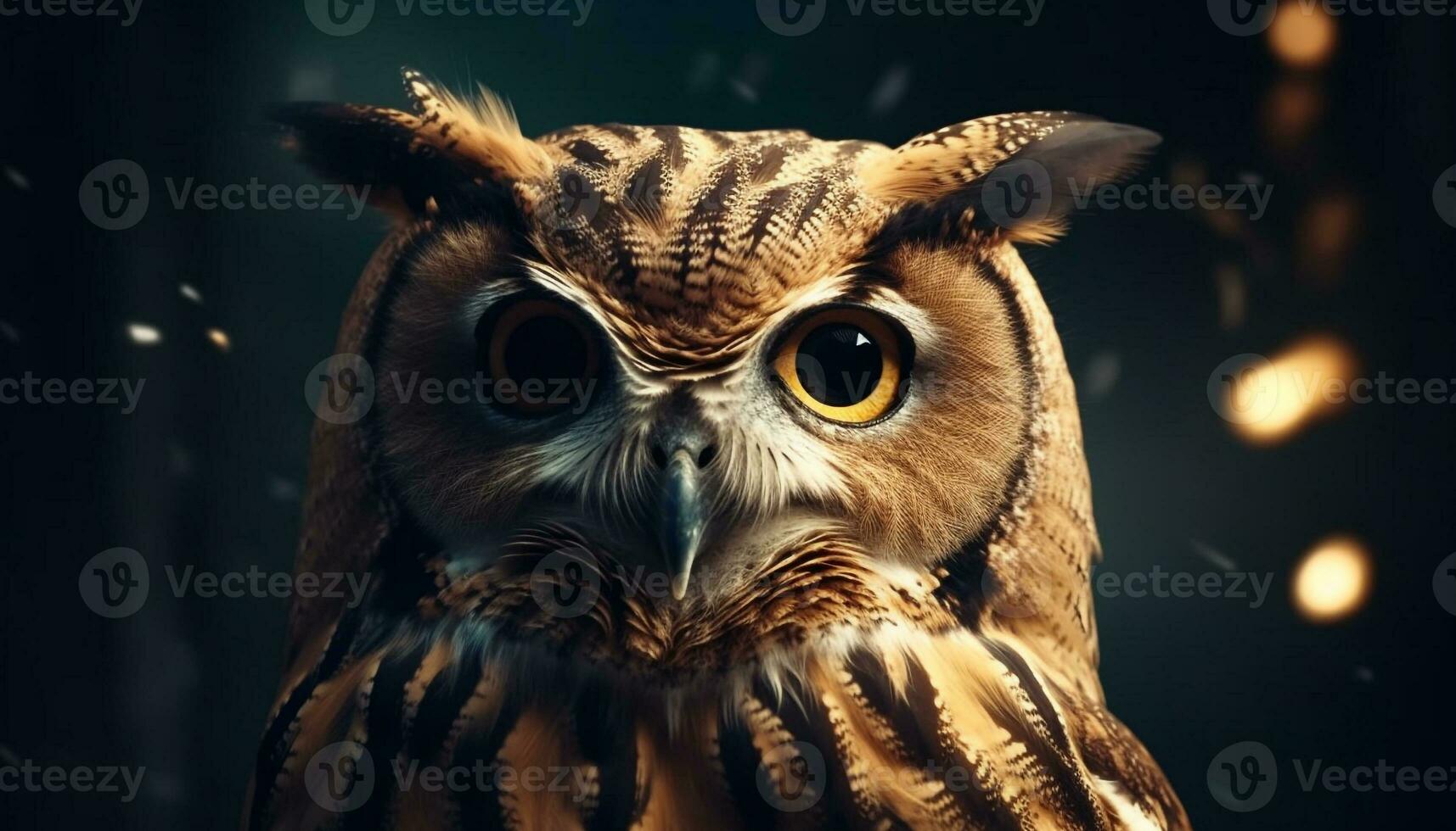 Eagle owl staring, close up portrait in night generated by AI photo