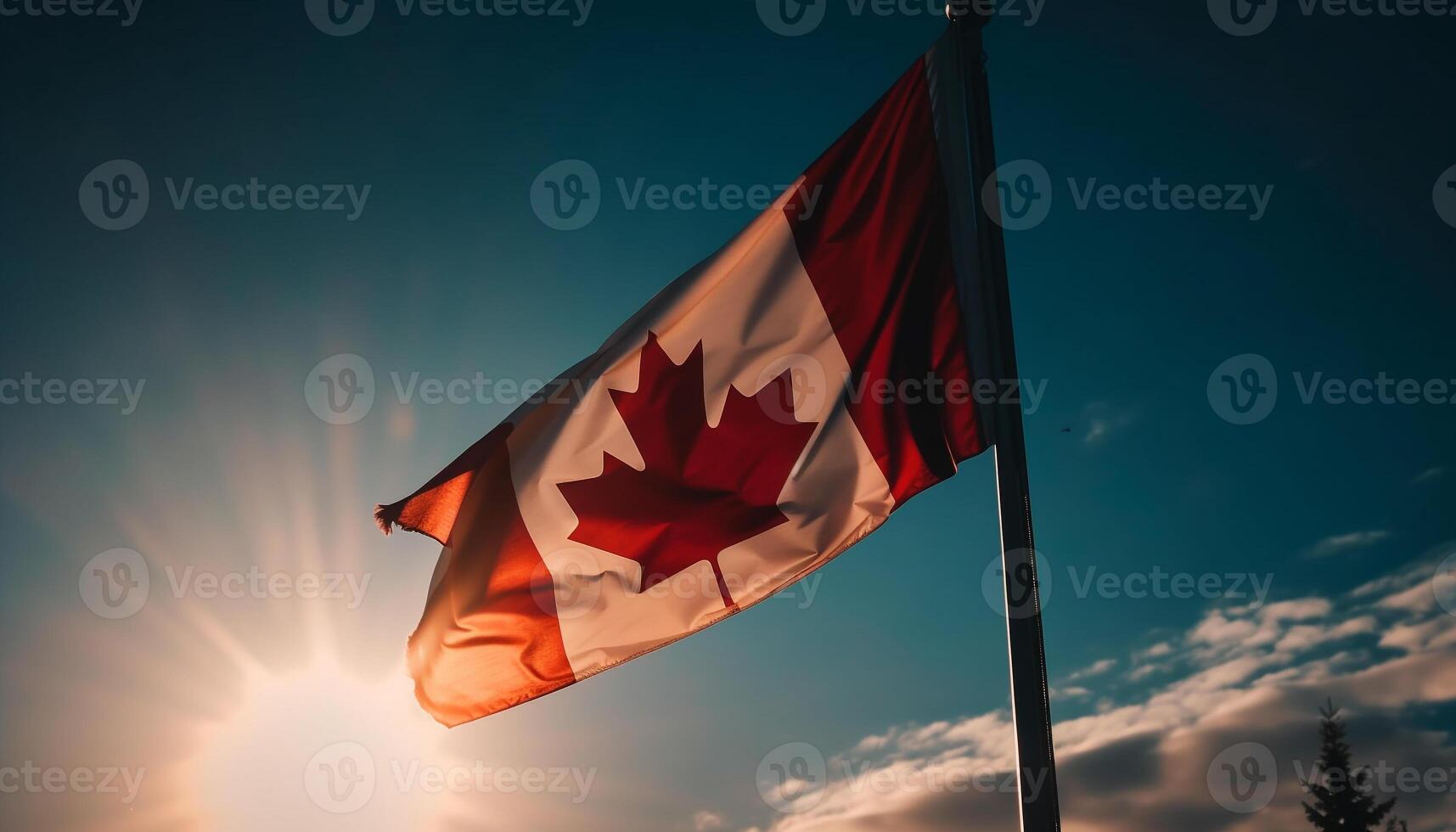 Canadian flag waving majestically in the wind generated by AI photo