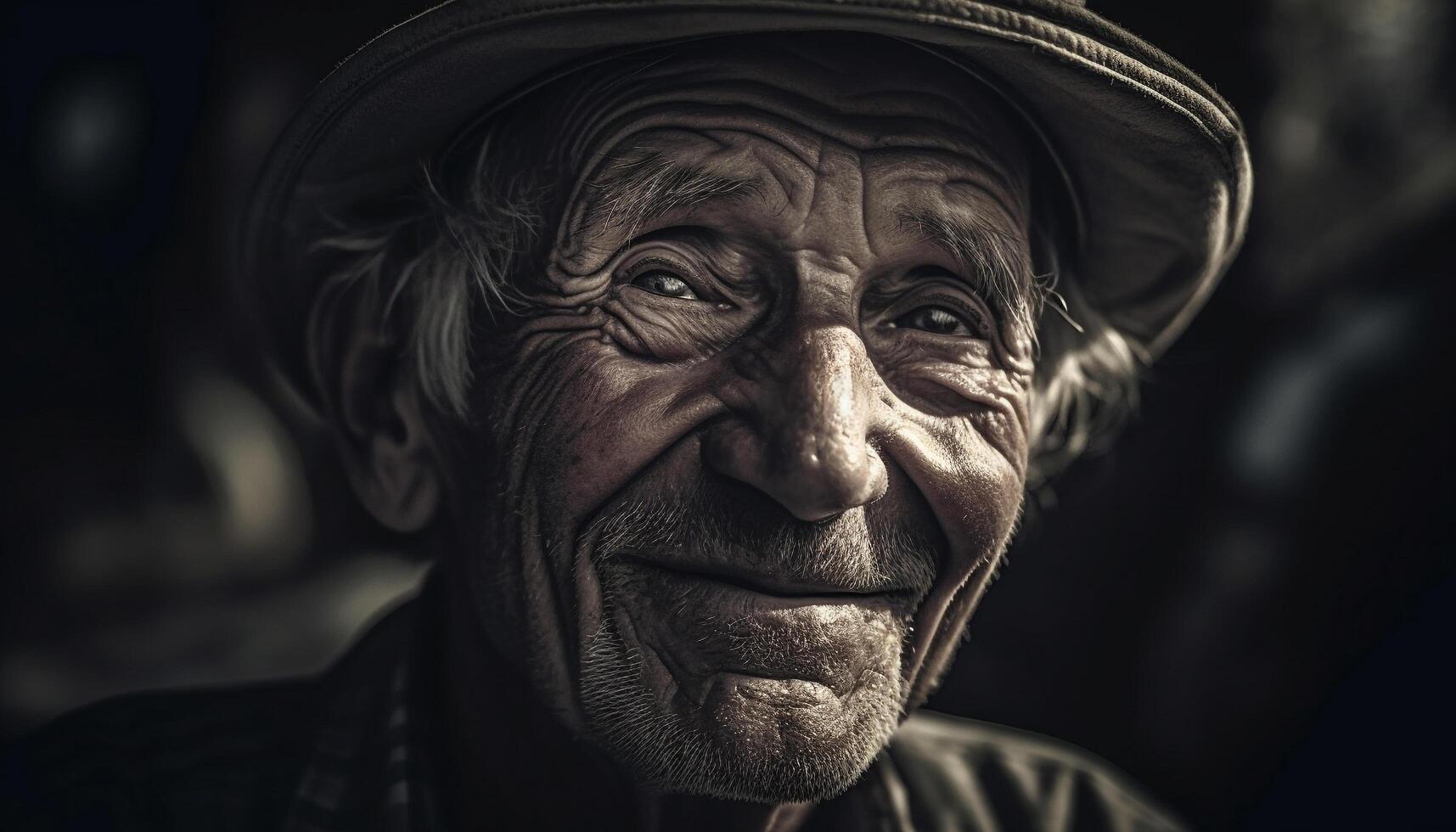 sonriente mayor hombre con gris pelo y barba generado por ai foto