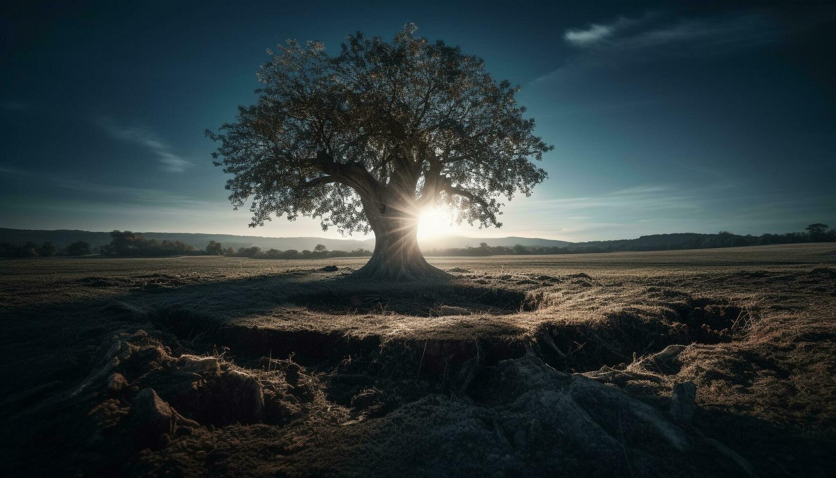 silueta de árbol espalda iluminado por puesta de sol generado por ai foto