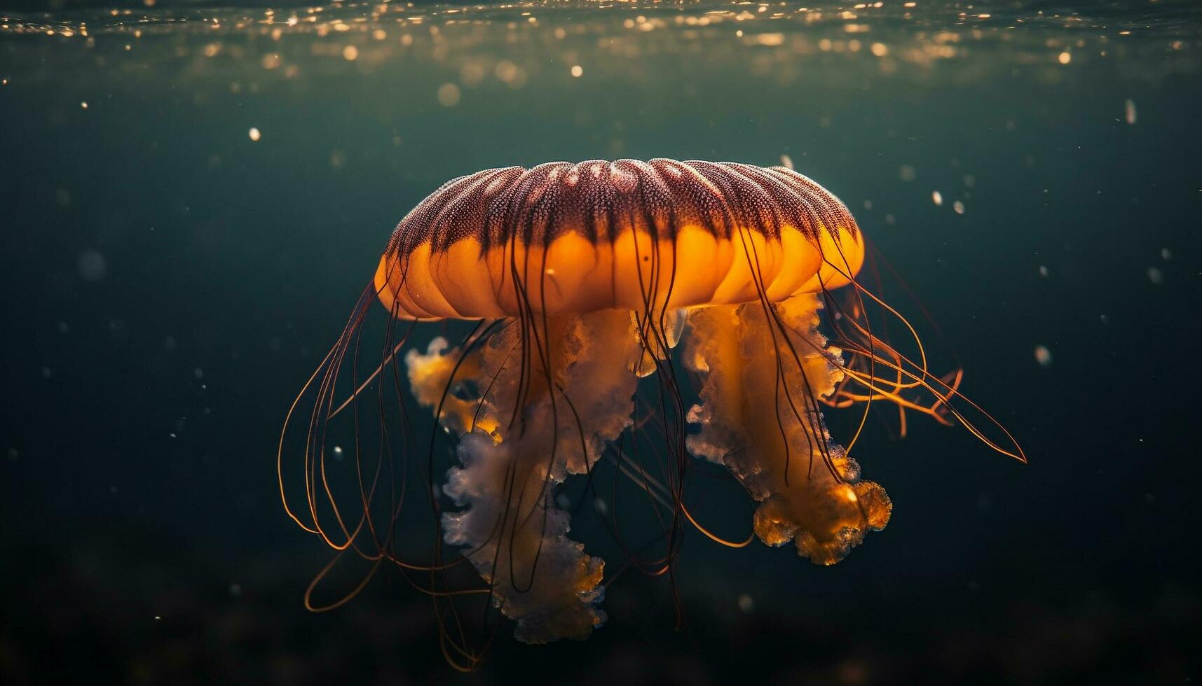 Glowing moon jellyfish swimming in underwater beauty generated by AI photo