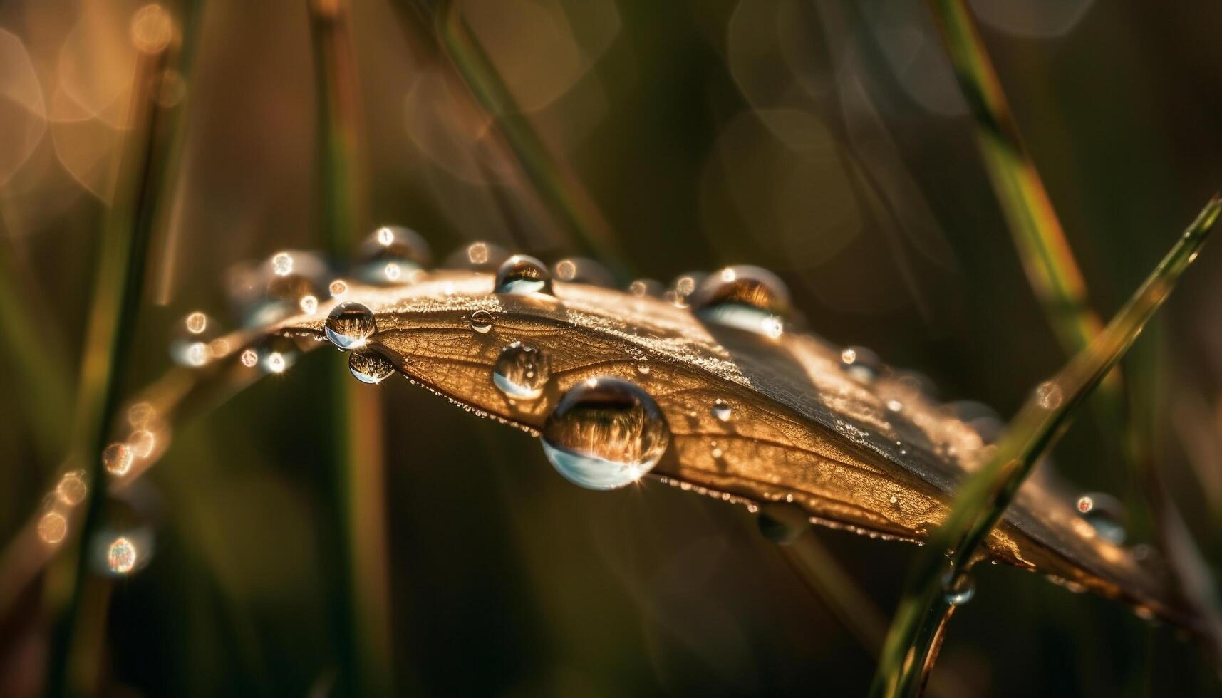 Fresco Rocío gotas en verde césped cuchillas generado por ai foto