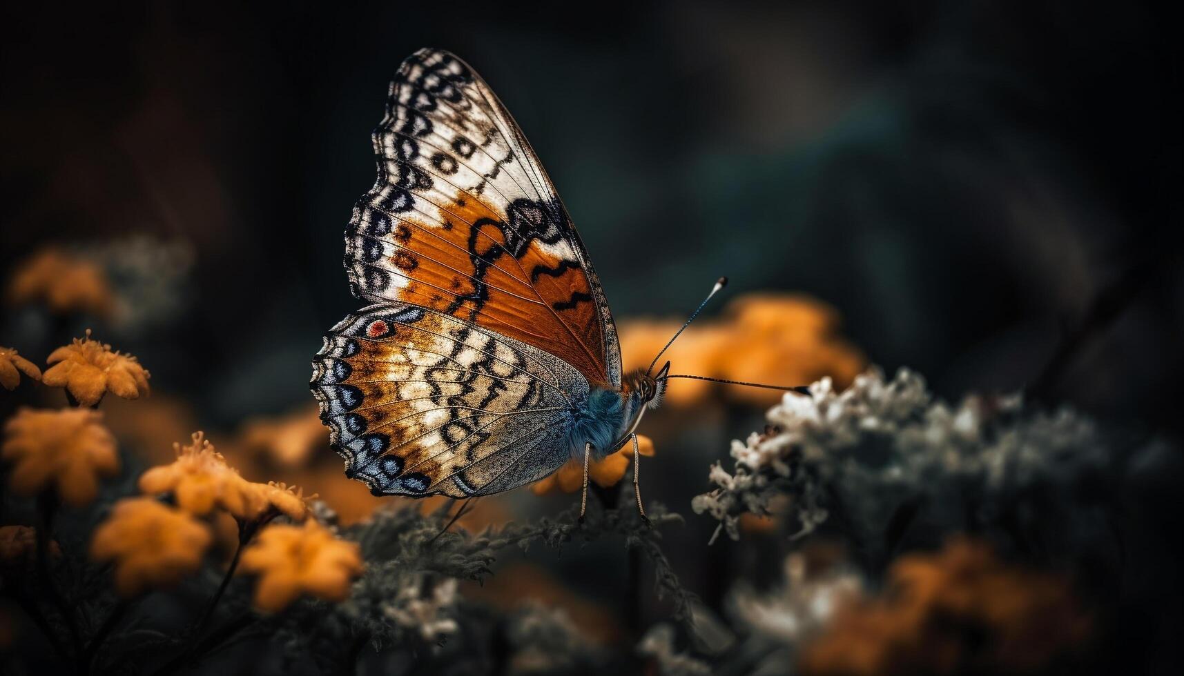 Spotted butterfly vibrant wing in tranquil nature generated by AI photo