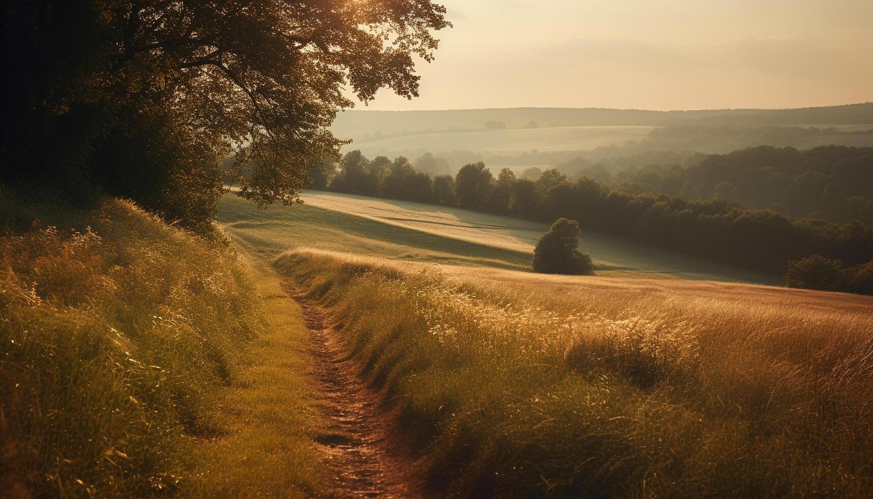 Tranquil autumn meadow, sunlit tree growth vanishing generated by AI photo