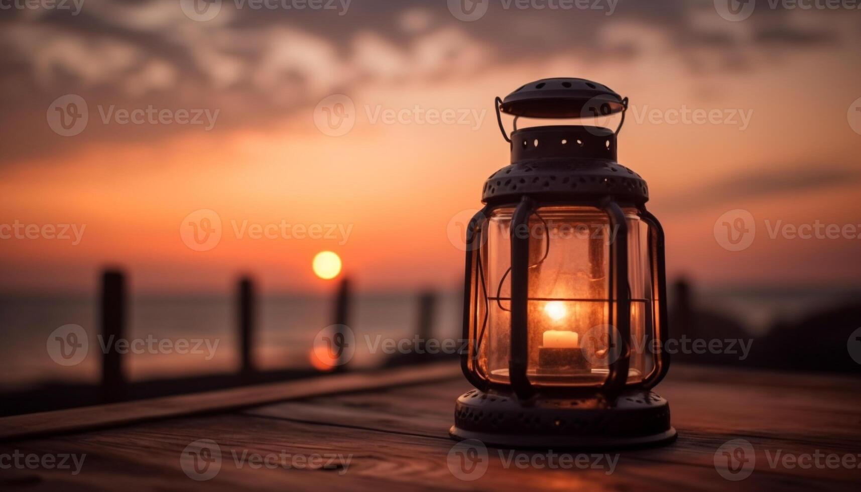 Glowing lantern illuminates rustic wood table at dusk generated by AI photo