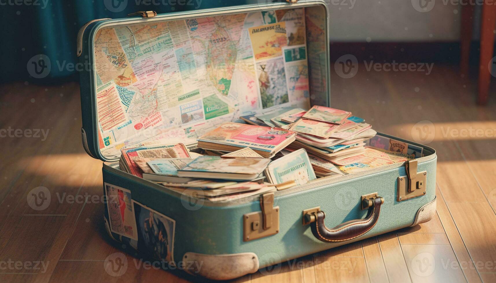 Antique suitcase stack, old fashioned travel nostalgia generated by AI photo