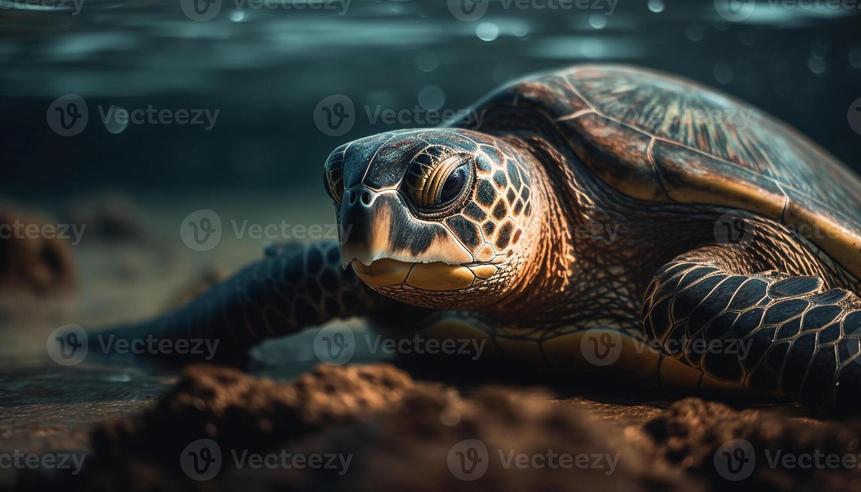 en peligro de extinción mar Tortuga gatea en arenoso línea costera generado por ai foto