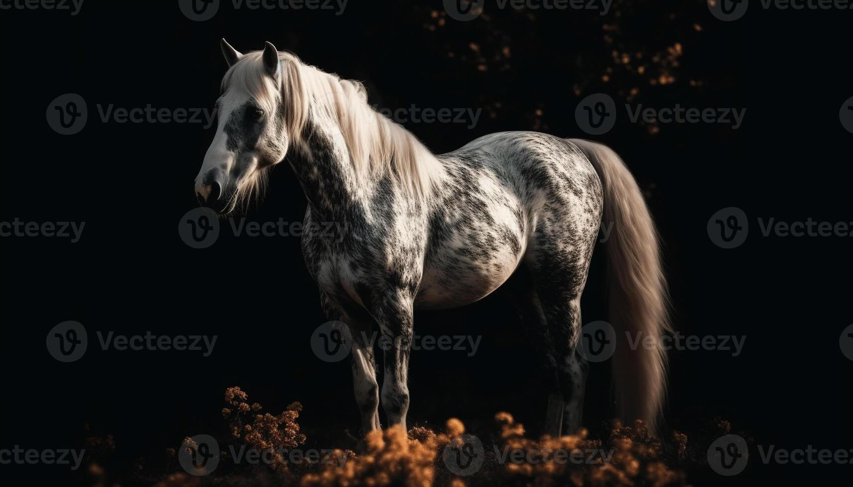 Majestic stallion grazes in tranquil meadow pasture generated by AI photo