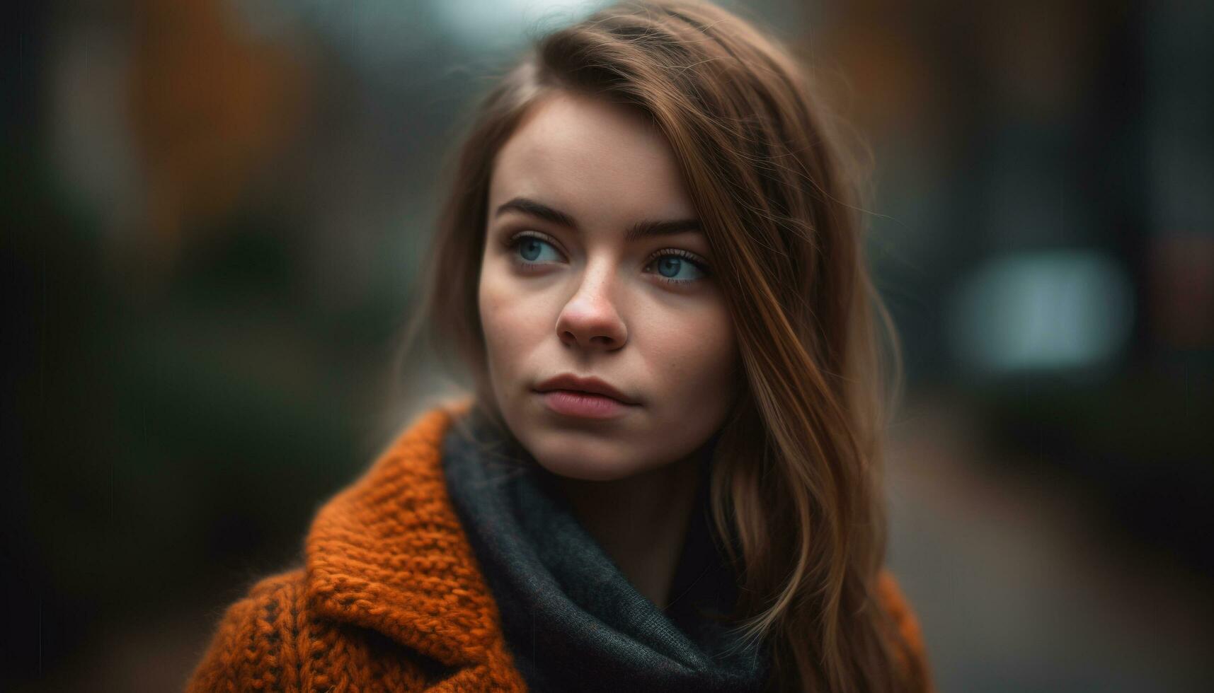 Young woman in autumn, looking at camera generated by AI photo