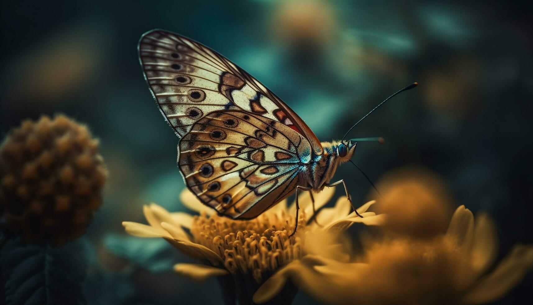 Vibrant butterfly pollinates single flower in summer generated by AI photo