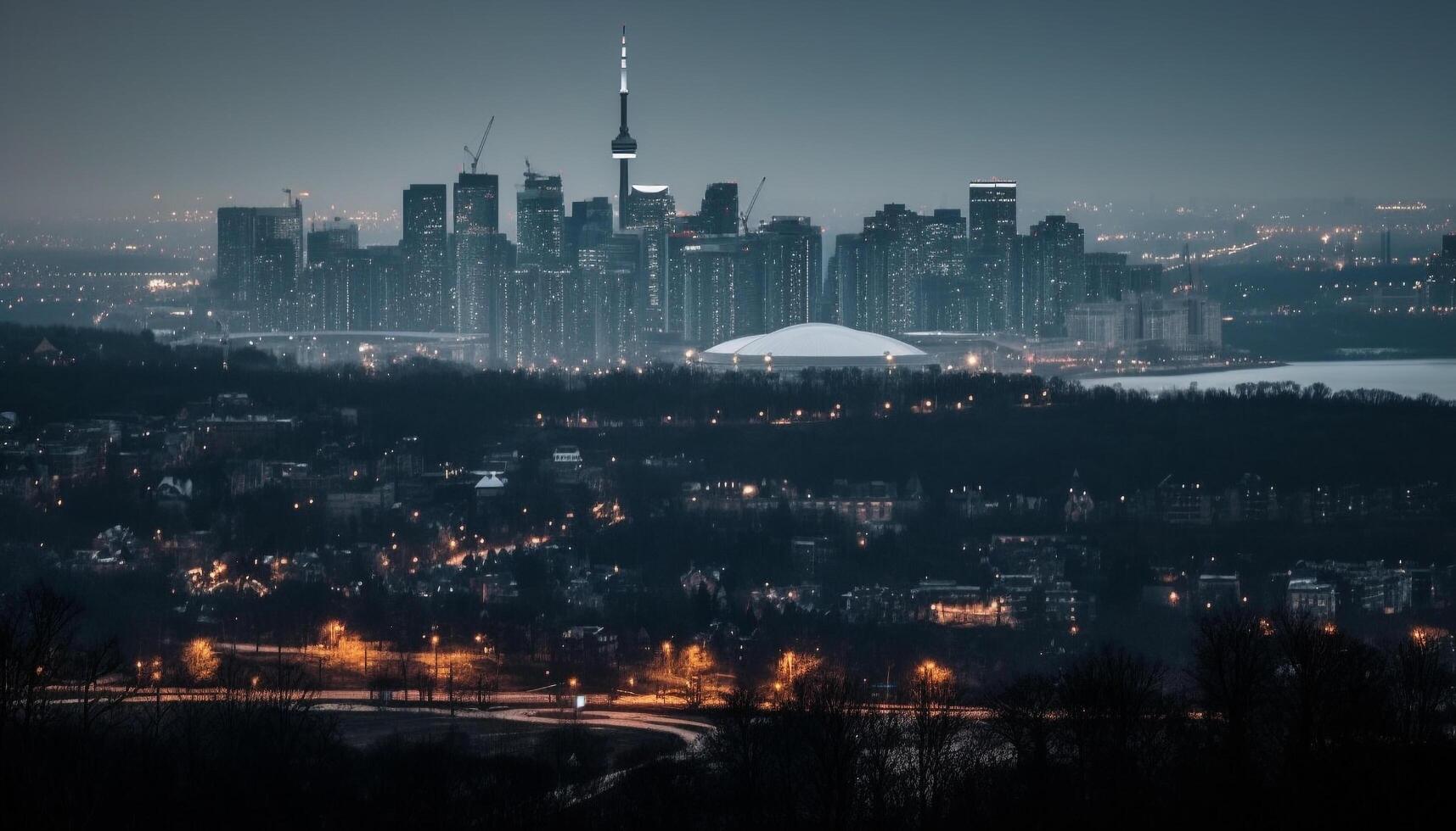 Glowing city skyline at dusk, modern development generated by AI photo