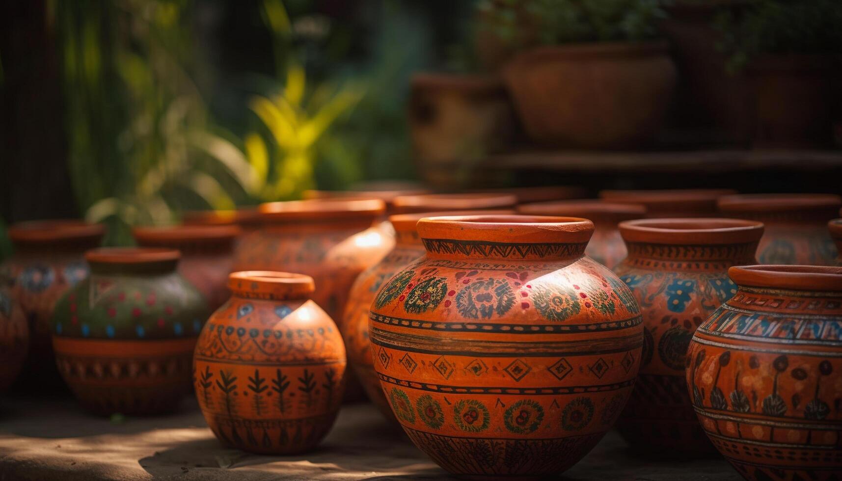 Decorative terracotta vase with intricate indigenous pattern generated by AI photo
