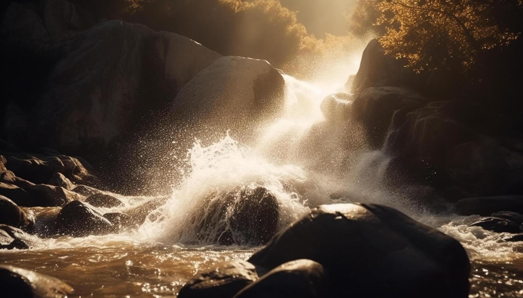 Spraying waves wet rocks at waters edge generated by AI photo