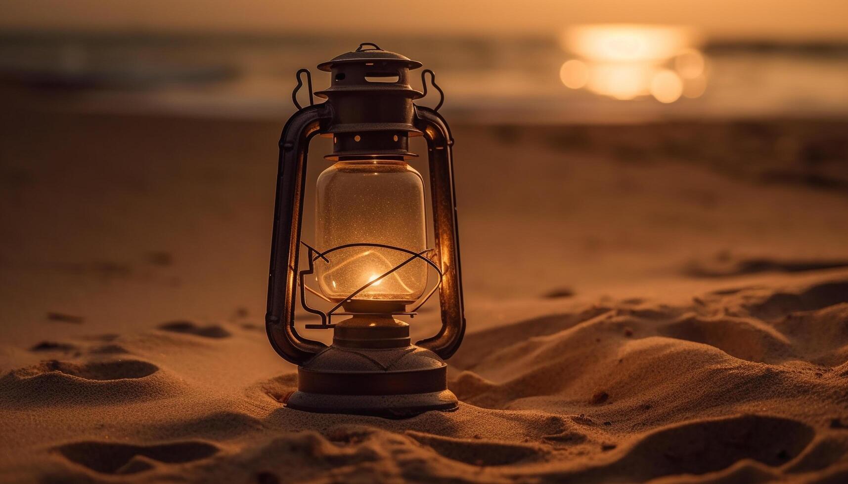 Glowing lantern illuminates old fashioned kerosene equipment at dusk generated by AI photo