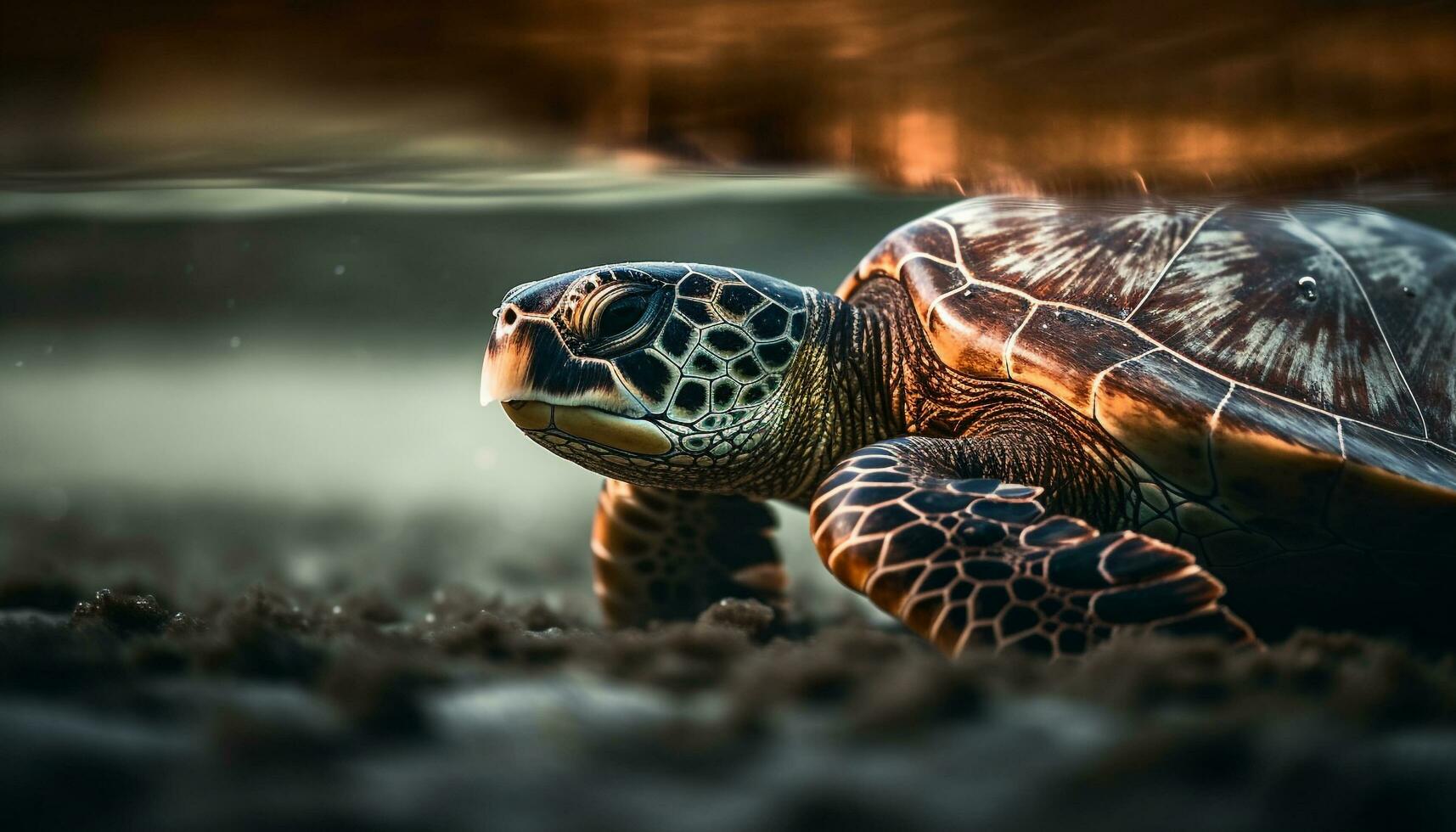 Slow turtle crawls on reef, beauty in nature generated by AI photo