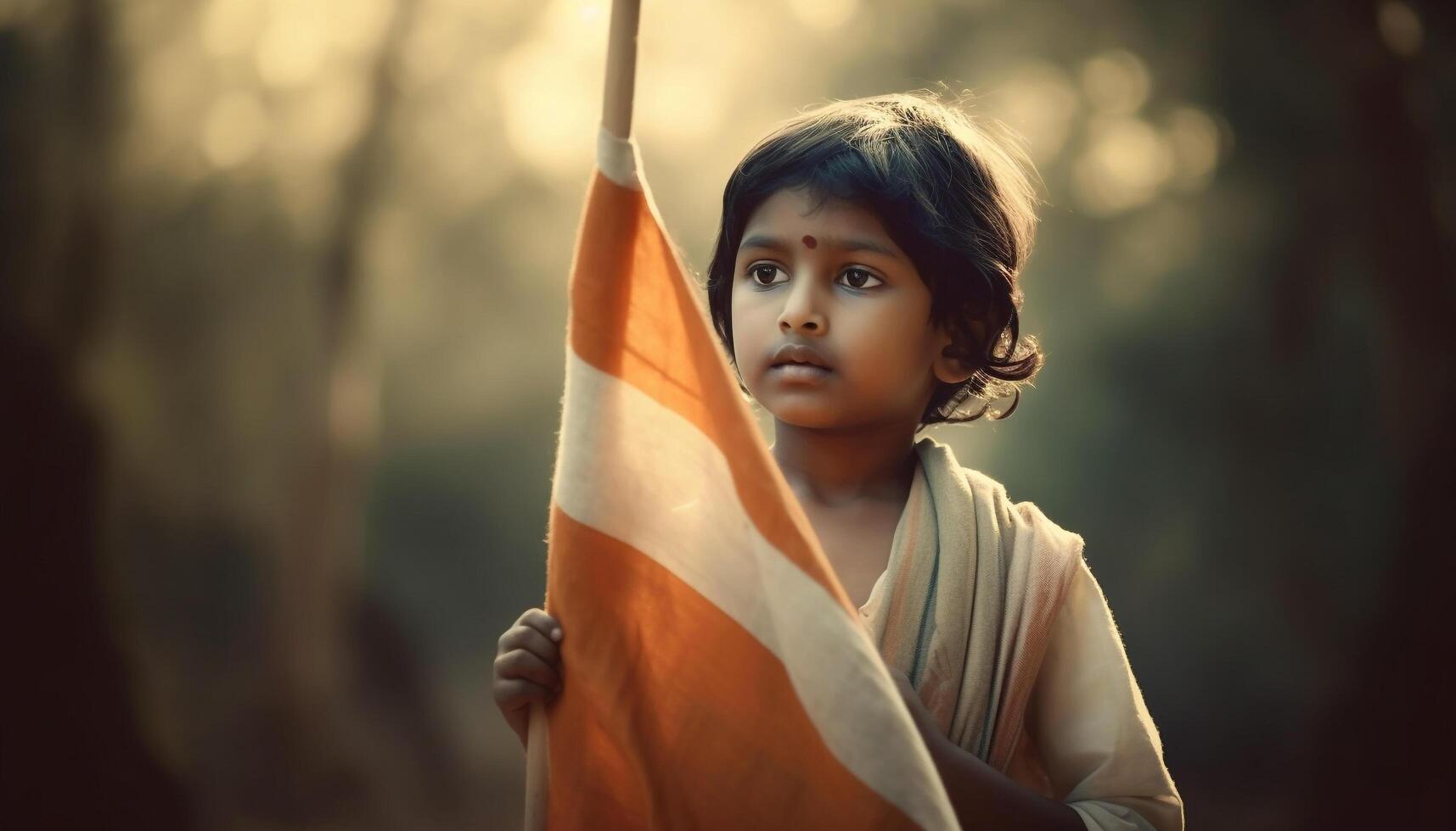 Smiling child holds American flag, celebrating freedom generated by AI photo