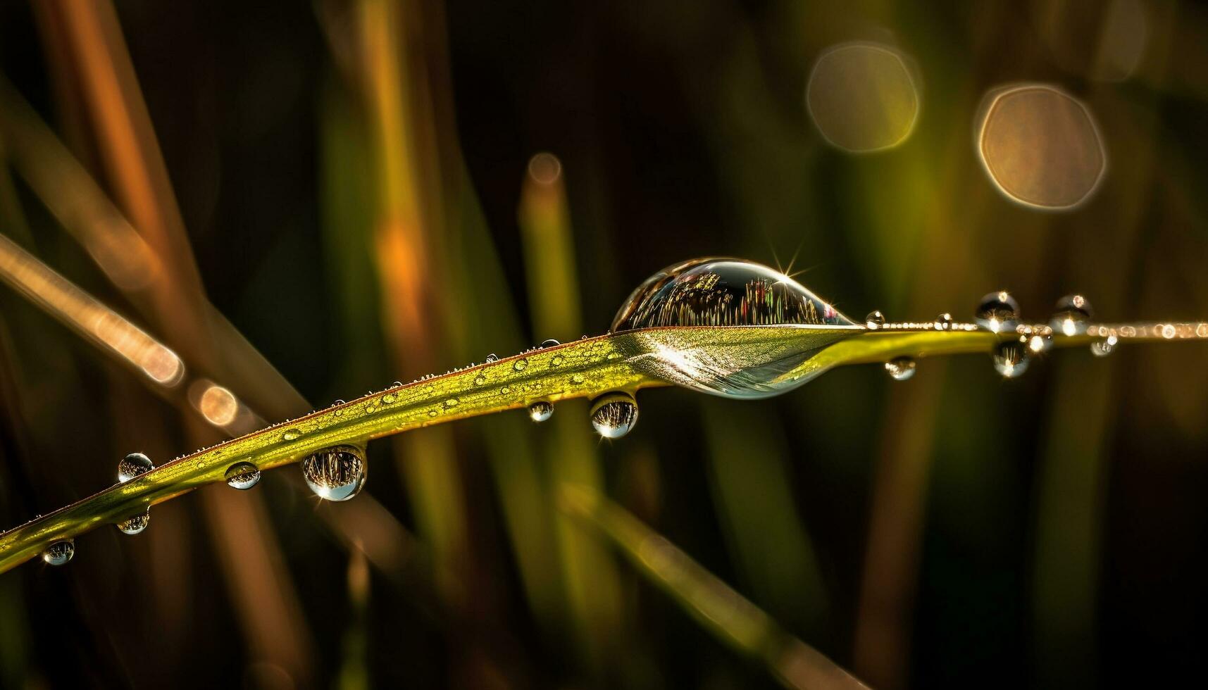 Fresh dew drops on vibrant green grass generated by AI photo