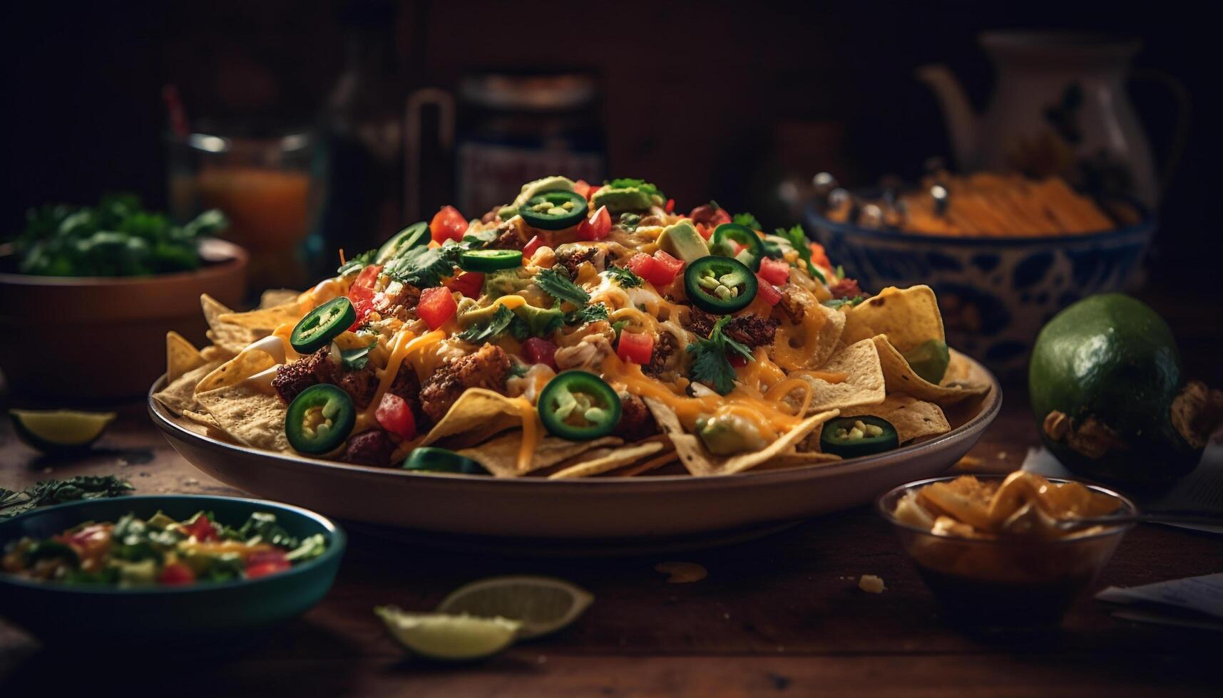 Fresh guacamole and beef taco on flatbread plate generated by AI photo