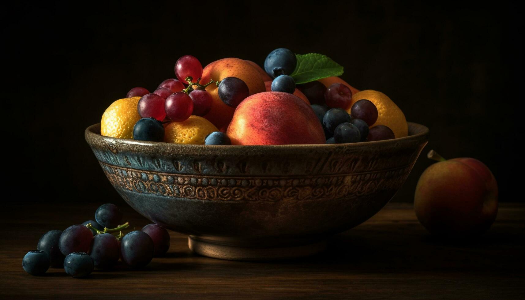 Fresco Fruta cuenco en de madera mesa, sano bocadillo generado por ai foto