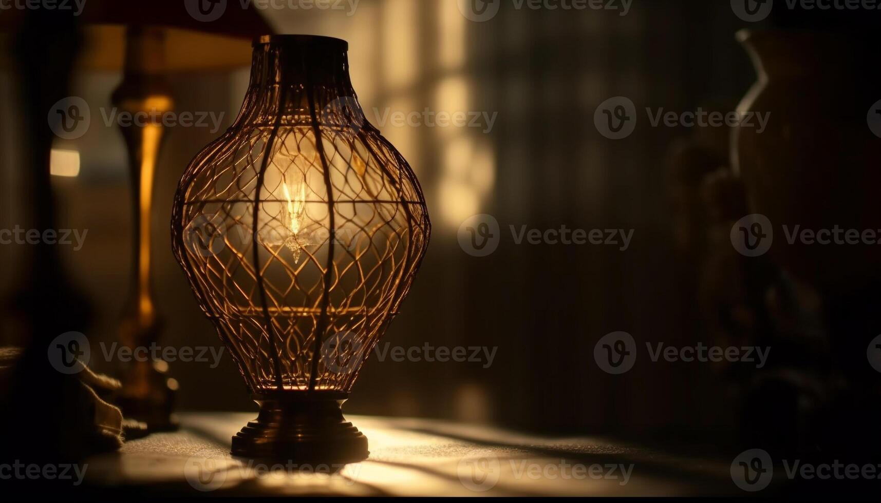 Antique lantern illuminates rustic home interior design generated by AI photo