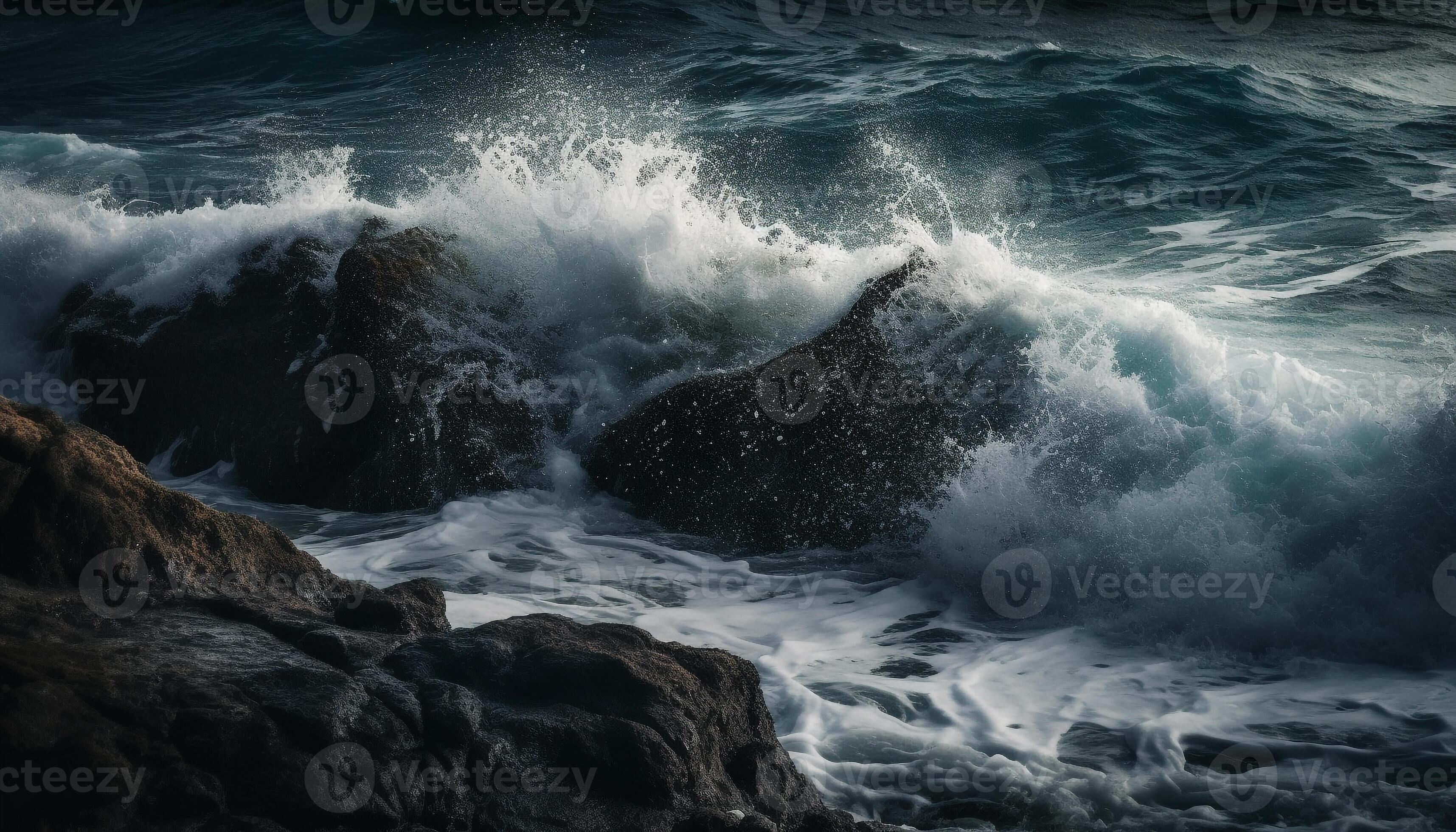 Breaking waves crash against rocky cliff edge generated by AI 24946152