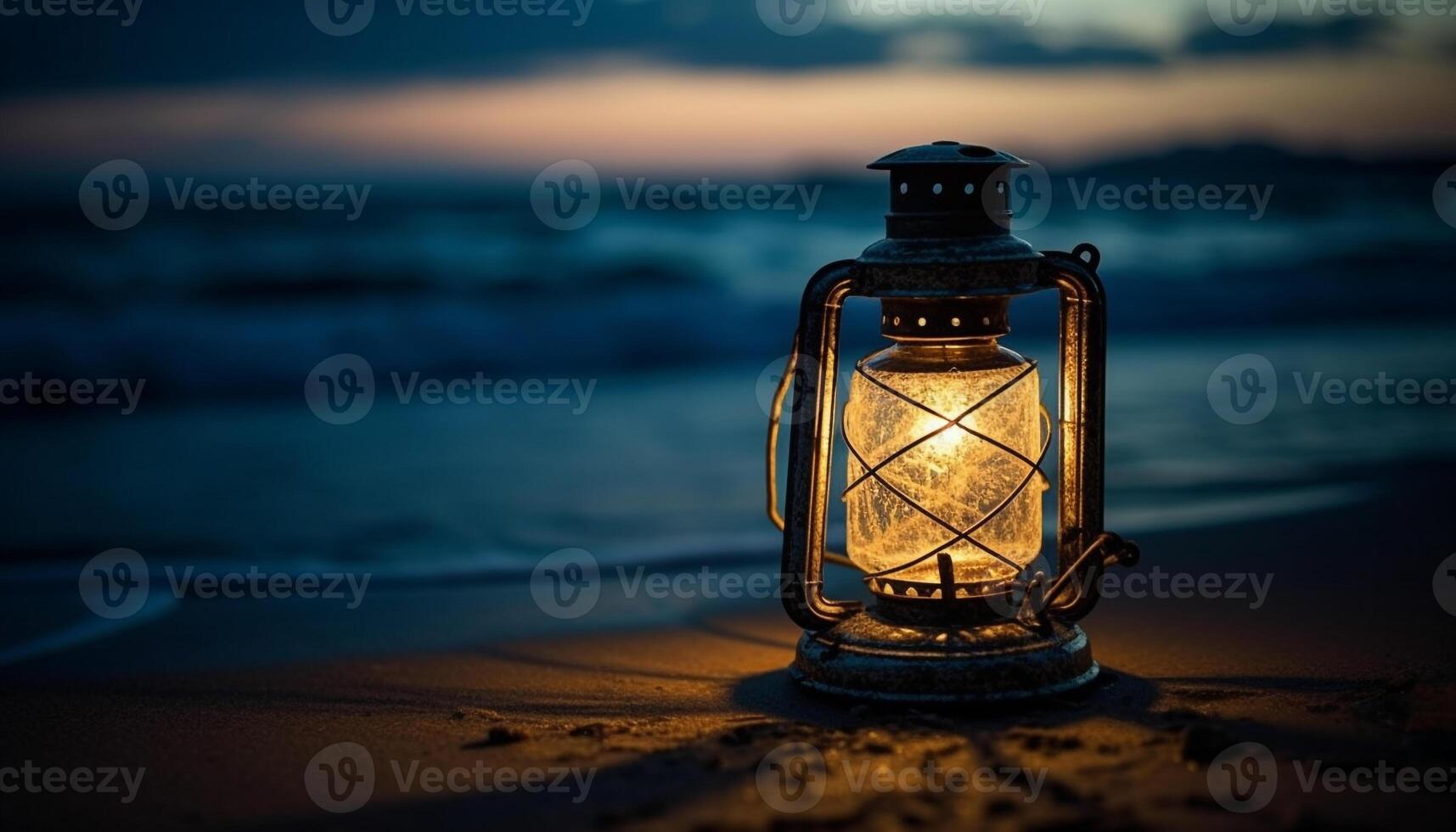 Glowing lantern illuminates tranquil winter sunrise beauty generated by AI photo