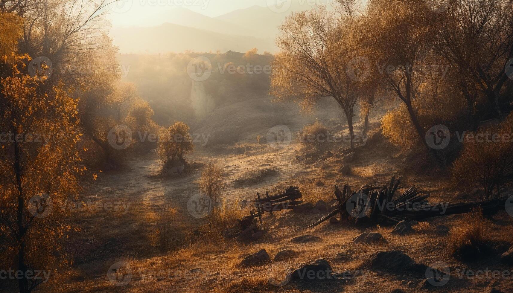 Tranquil sunrise over misty autumn forest landscape generated by AI photo