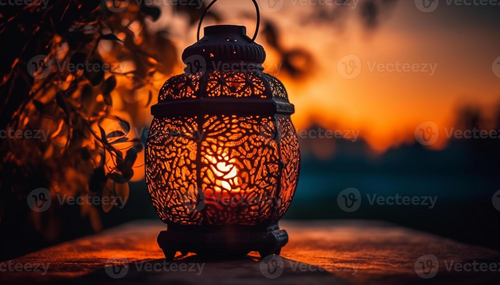 Antique lantern glowing in the dark night generated by AI photo