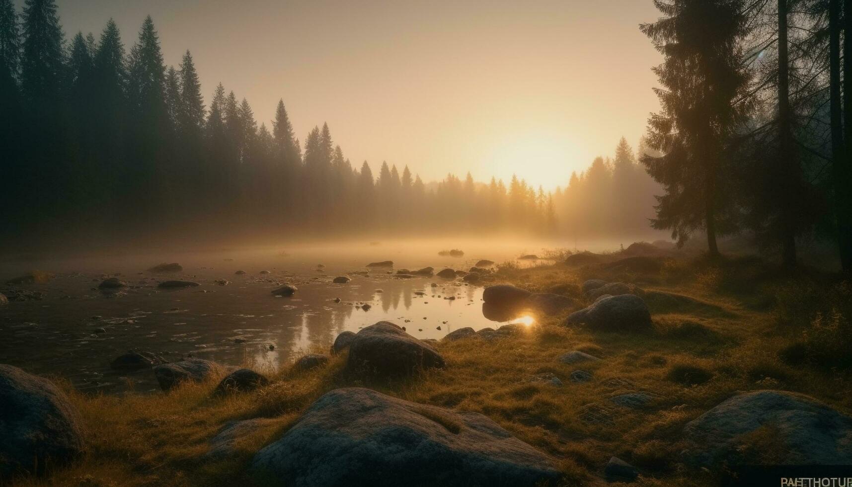 Tranquil scene of nature beauty at dawn generated by AI photo