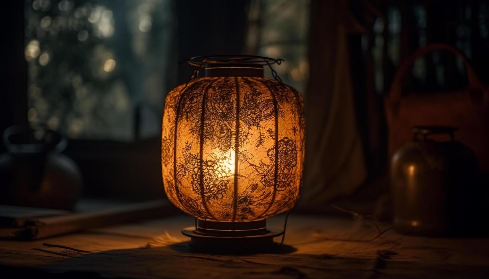 Glowing antique lantern illuminates rustic Halloween decor generated by AI photo