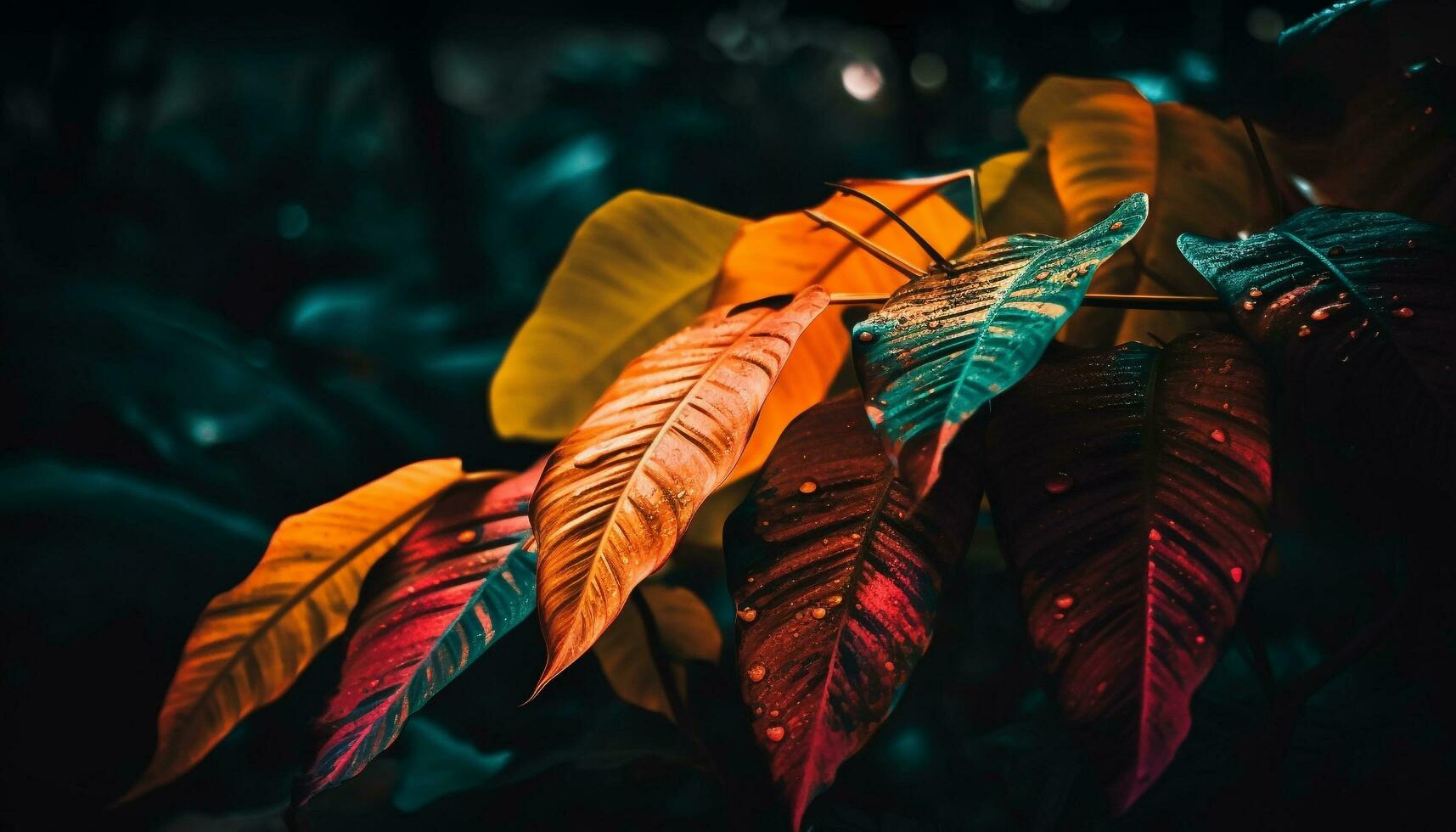 Vibrant autumn leaf pattern on defocused forest background generated by AI photo